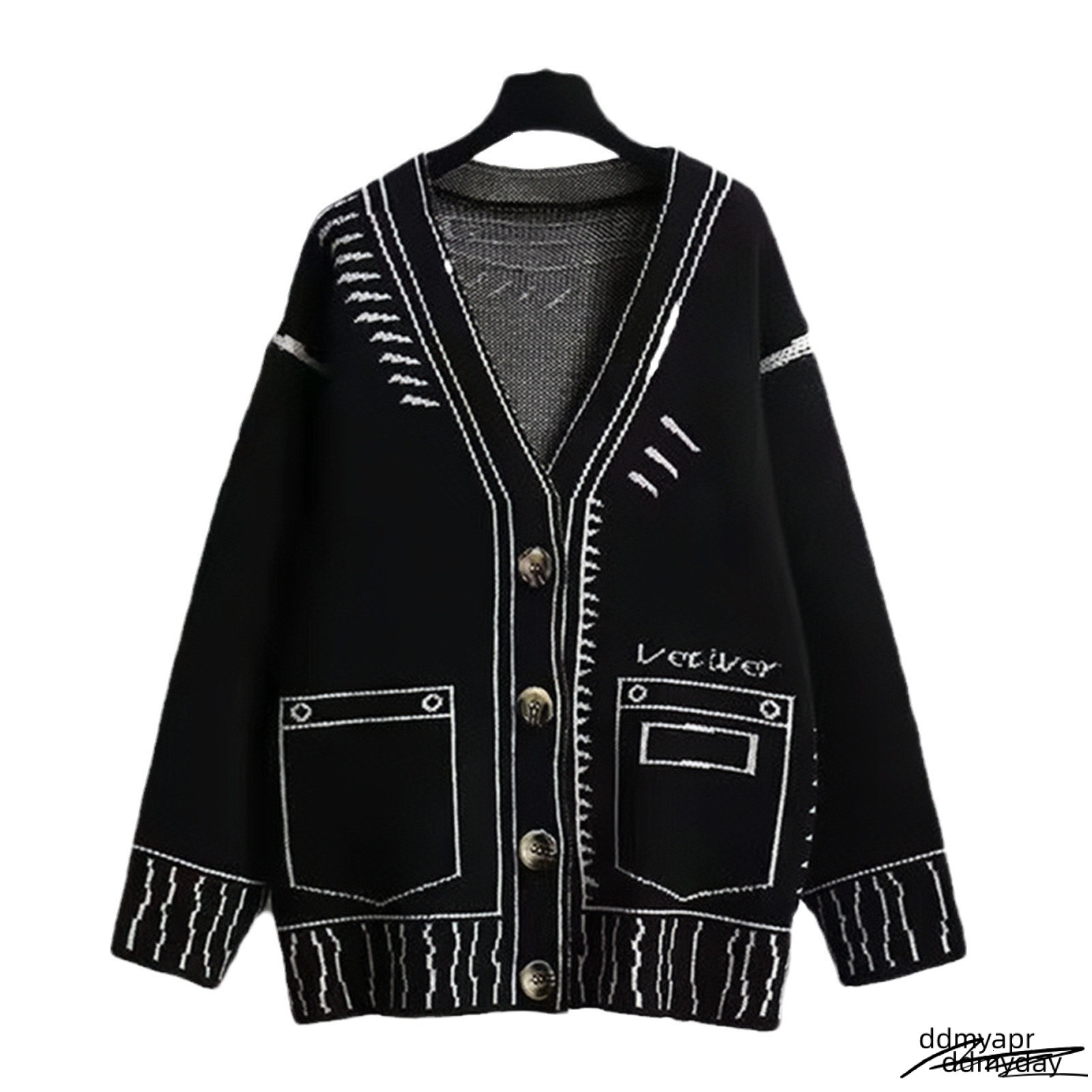 Maoning Autumn Winter Sweater Black And White Oversized Jacquard Loose Lazy Style Knitted Womens Cardigan Ddmyday