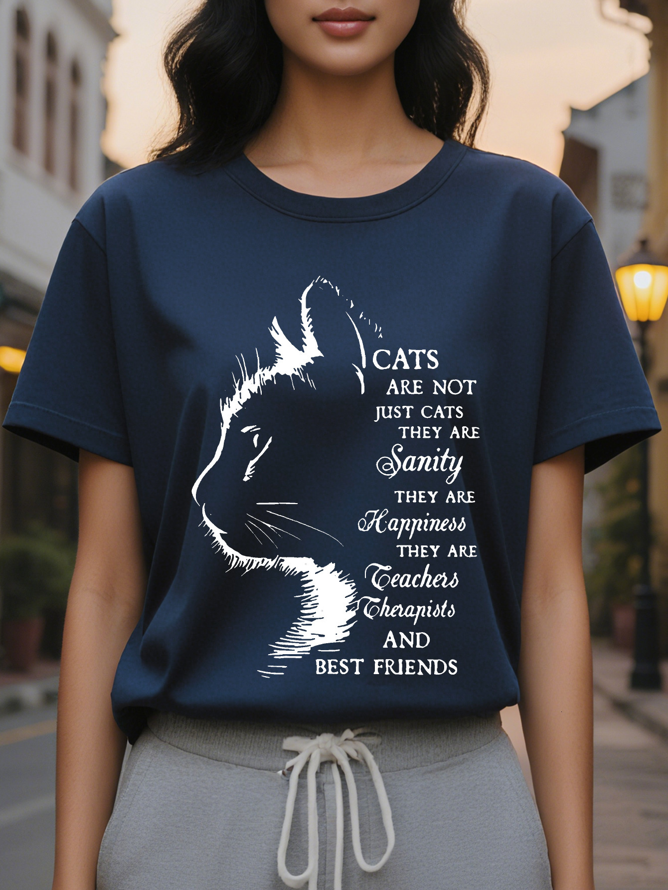 Cat Lovers Women's Pattern T-shirt Black Crew Neck Short Sleeve Top Printed with the Slogan 'Cat is Not Only a Pet'