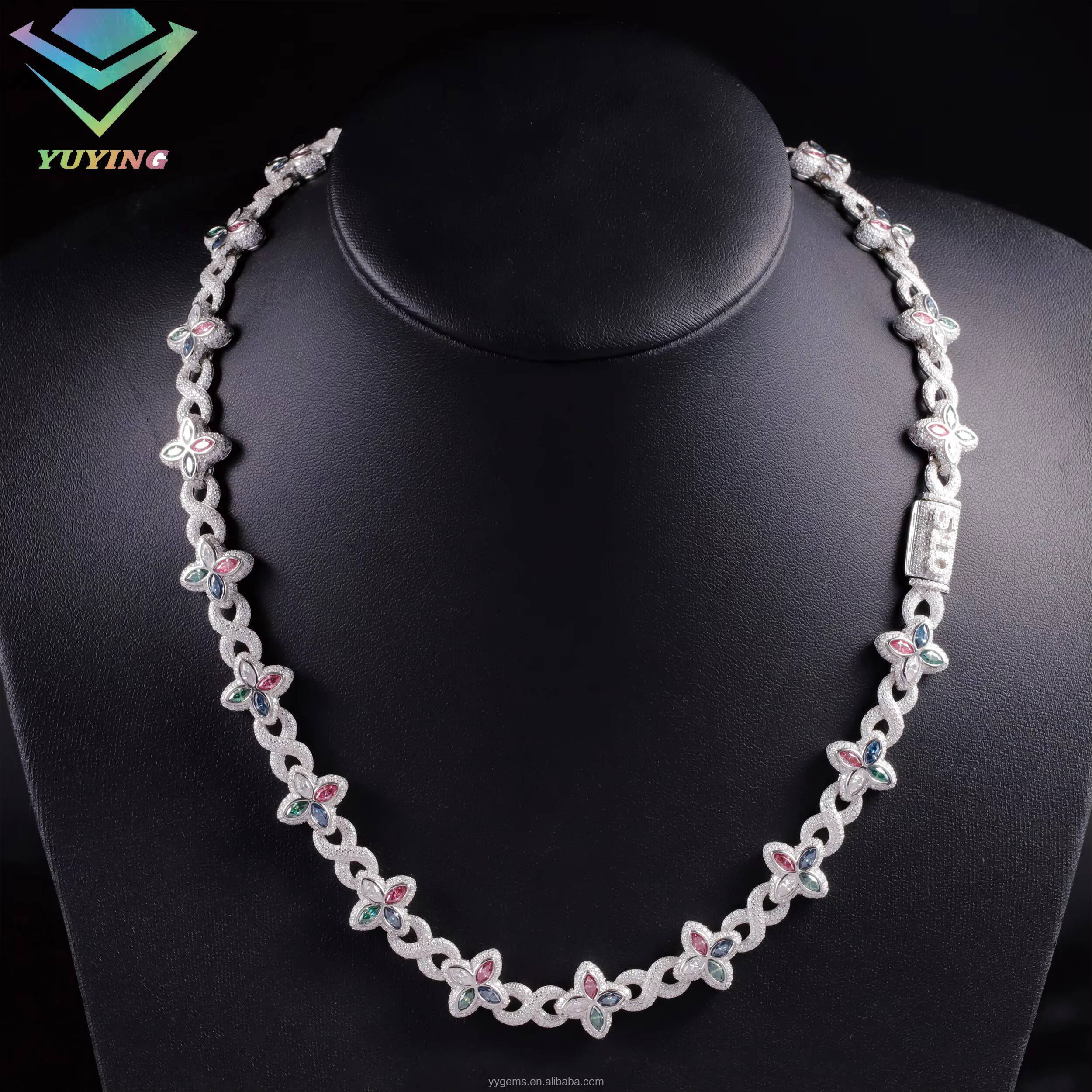 Yu Ying Mixed Colored Moissanite Diamonds 18K Gold Plated 925 Sterling Silver Four Leaf Clover Infinity Cuban Link Chain Jewelry