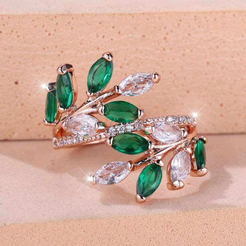 Boho Marquise Zircon Leaf Open Ring - Rose Gold Green Crystal Nature-Inspired Jewelry Fashion Versatile Adjustable Statement Ring for Women