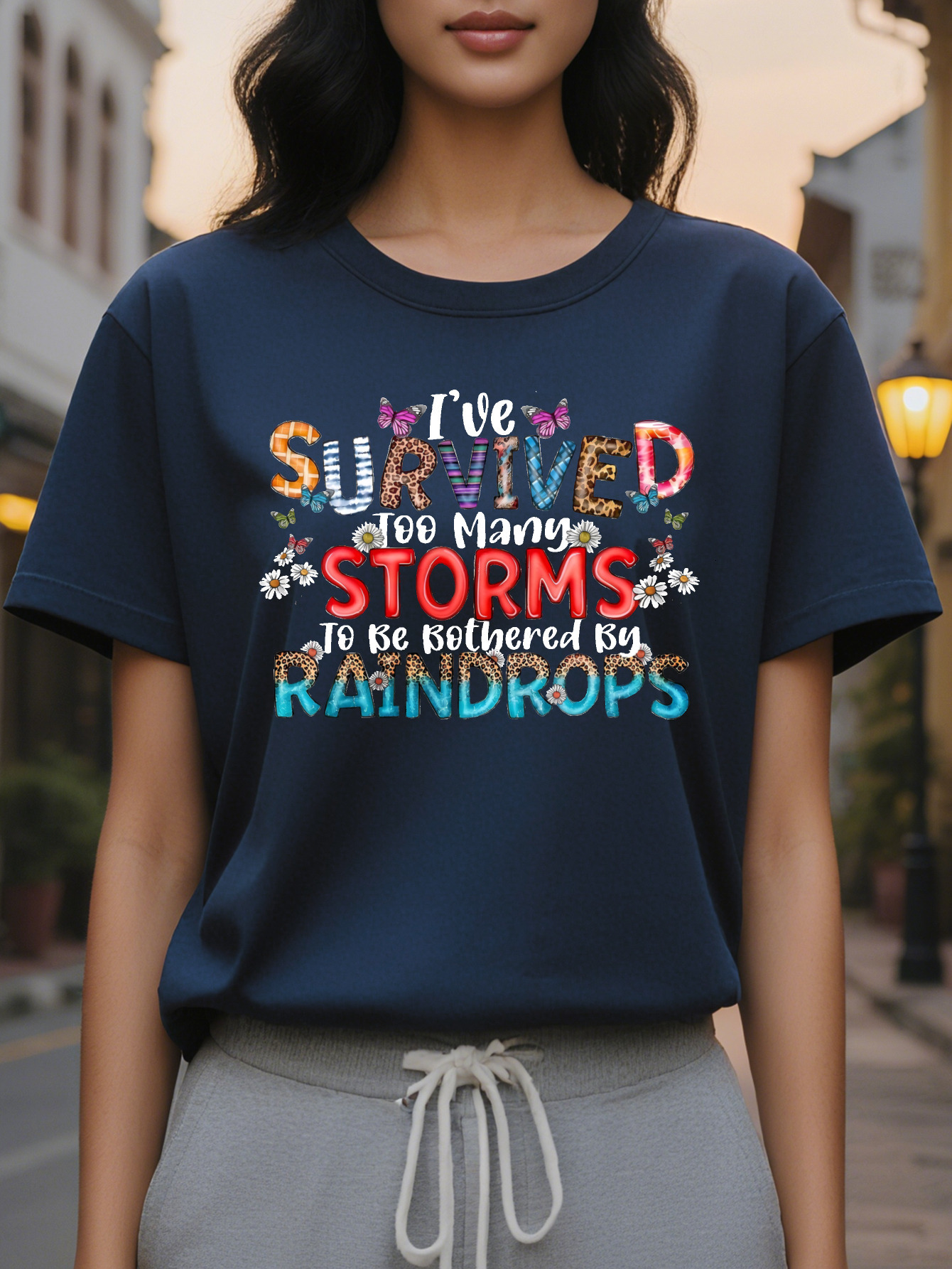 Women's I've Been Through Too Many Storms T-Shirt Black Round Neck Casual Top Colorful Letters Floral and Butterfly
