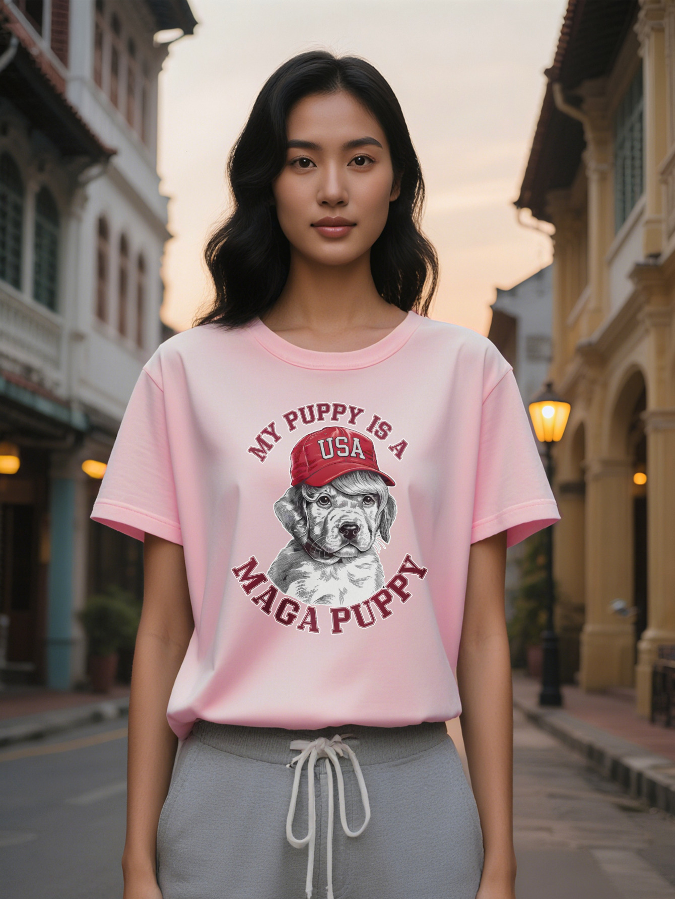 Large XL Women's Casual Short Sleeve T-Shirt My Is A USA MAGA Puppy Graphic Print Black Round Neck Summer Tee Washable Plus Size