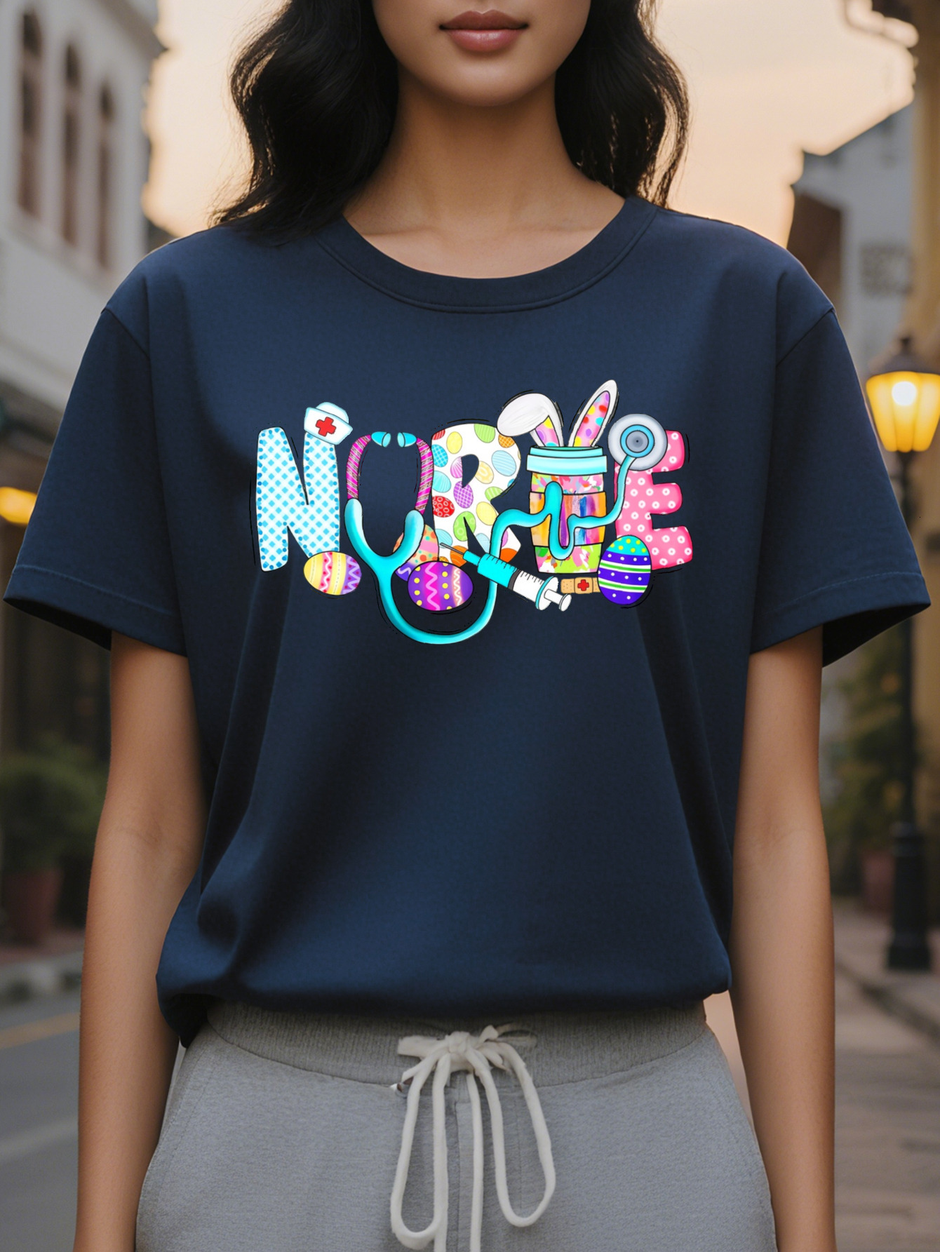 Large XL Nurse Cartoon Print T-Shirt Cotton Crew Neck Casual Tee Knit Fabric All Season Comfort Women S Nursing Themed Plus Size