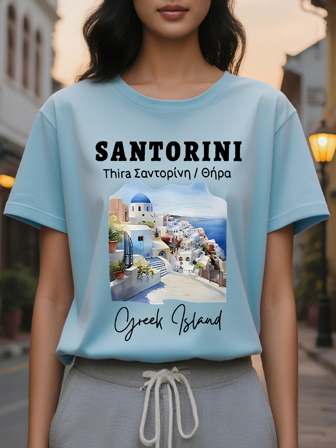 Women's Santorini Print T-Shirt Short Round Neck Casual Top Greek Island Translucent Summer Shotgun Washable
