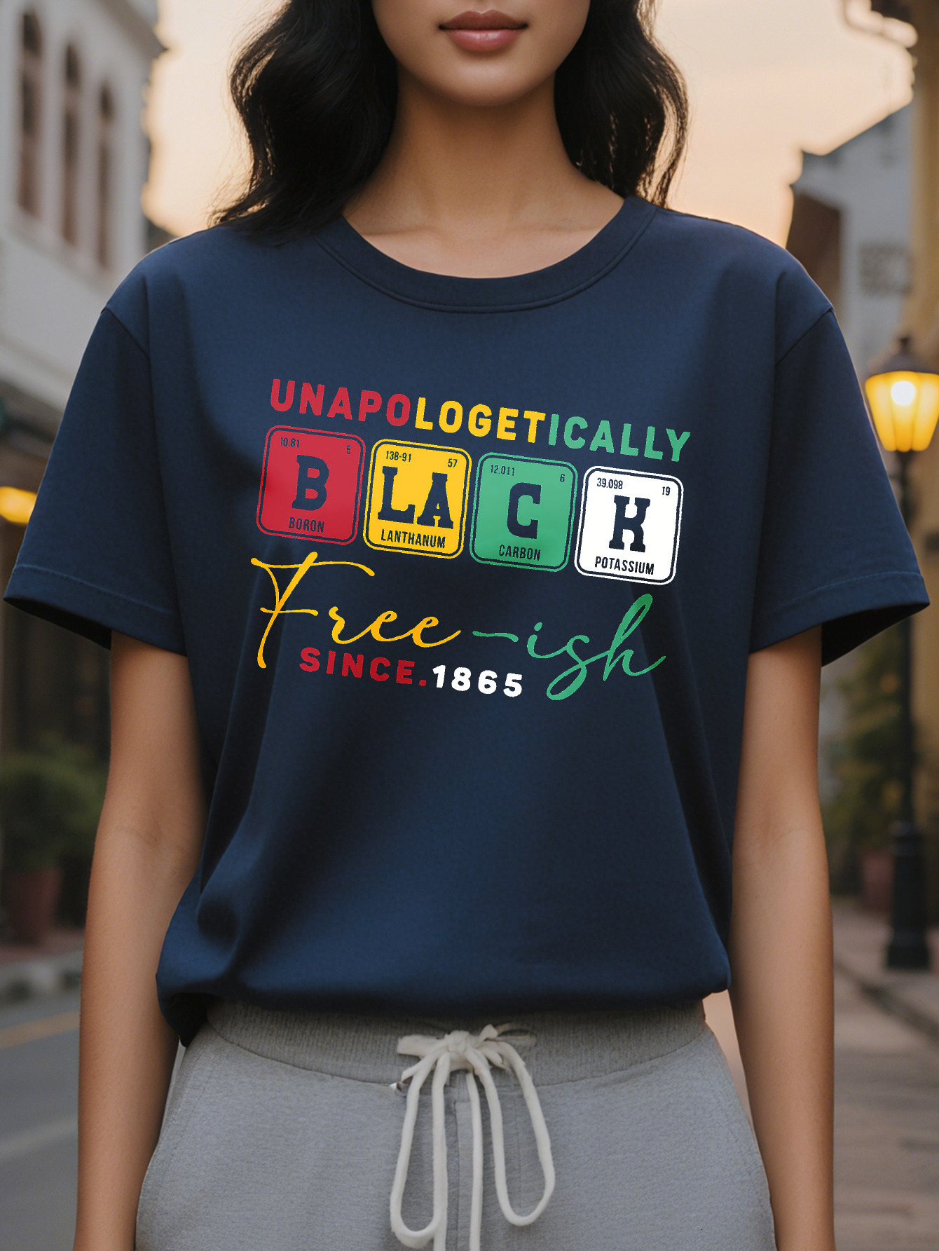 Large XL Women's Juneteenth Freedom Graphic T-Shirt Unapologetically Black Free ish Since Periodic Table Design Short Plus Size