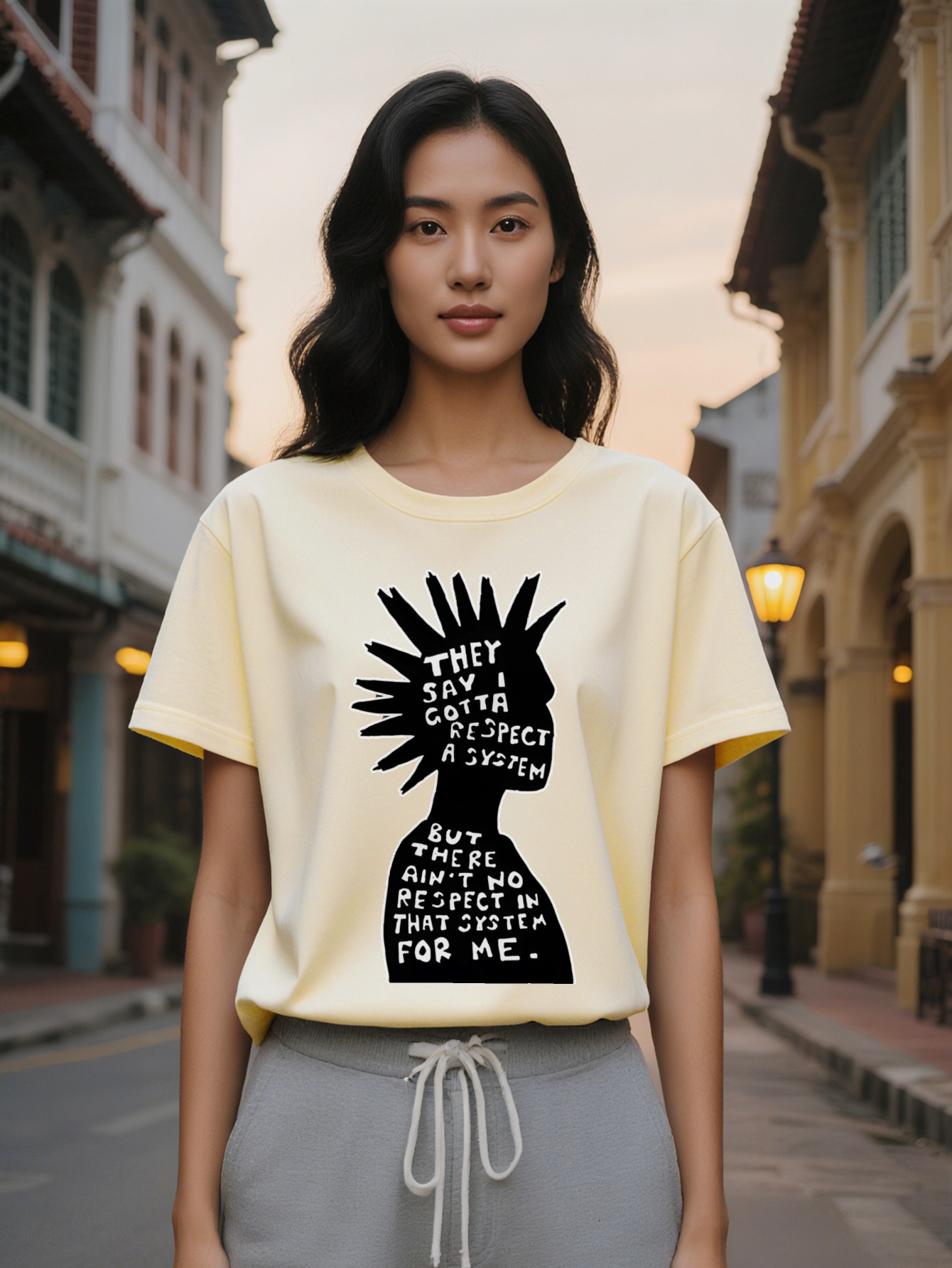 Large XL women's crew neck T-shirt with Silhouette Print They Say I Gotta a But There's No Respect in That System Me Plus size