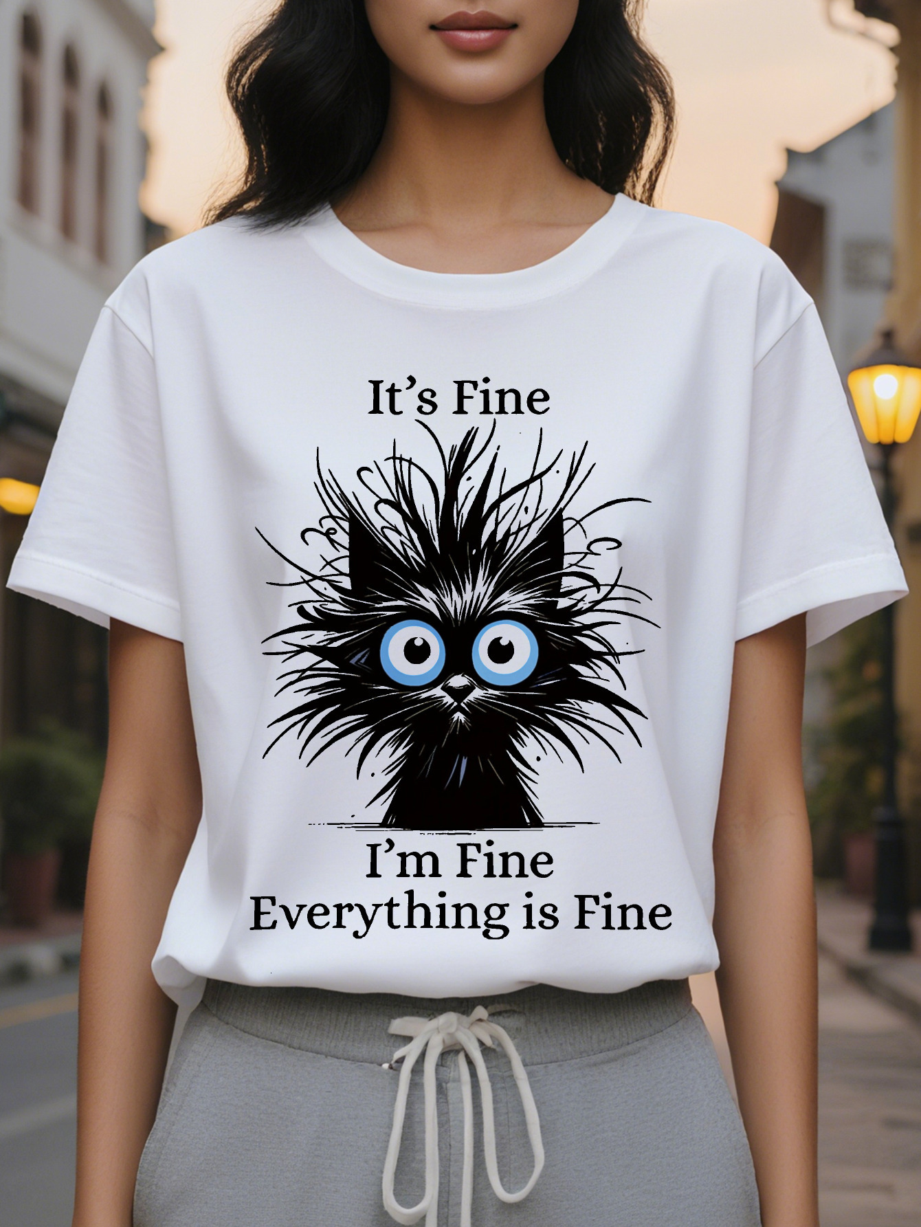 Large XL Women's Light Blue Casual Short Sleeve T-Shirt It's I'm Everything Is Fine Sarcastic Graphic Print Round Neck Summer Plus Size