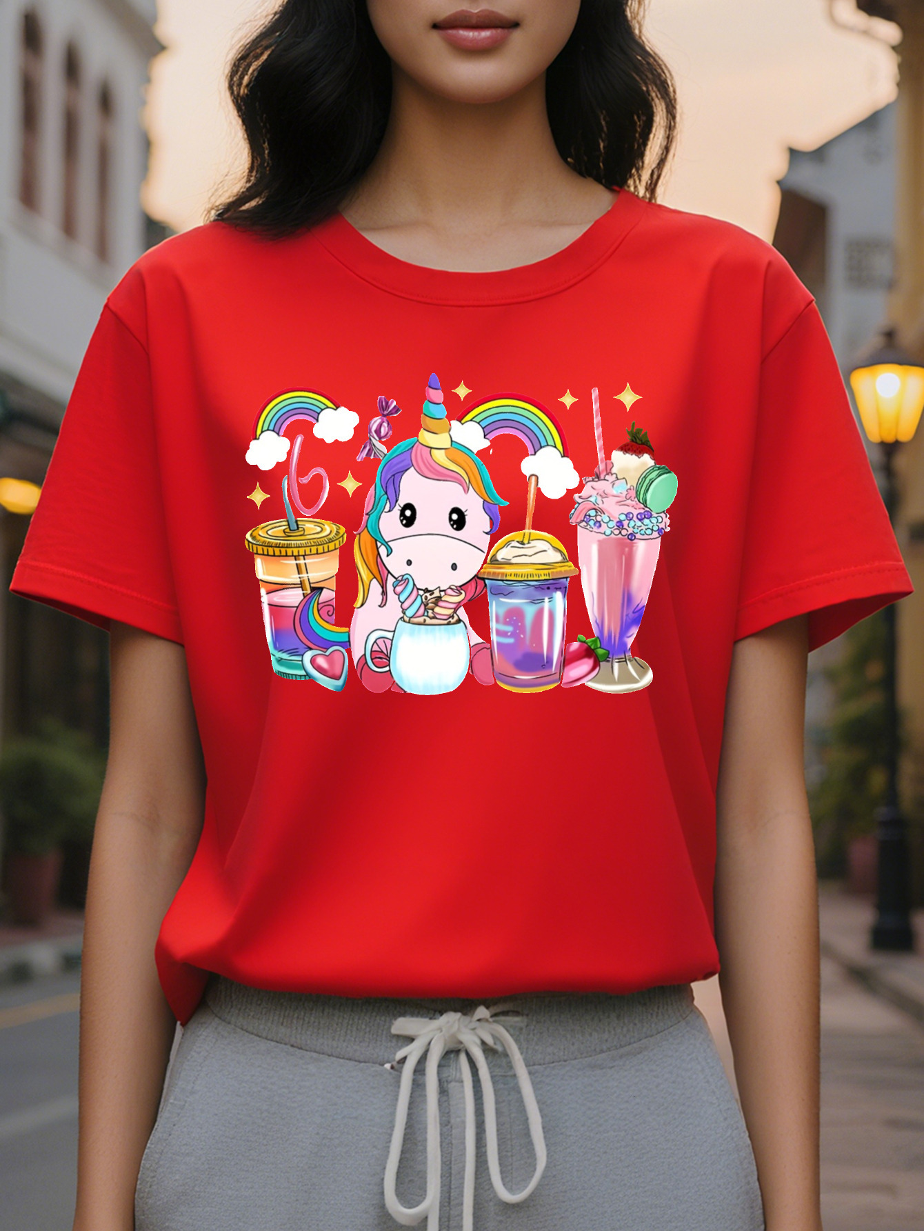 Large XL Vibrant Rainbow Unicorn Graphic Tee Soft Mid Elasticity Cotton Crew Neck Short Sleeve Top Women Perfect for Summer and Plus Size