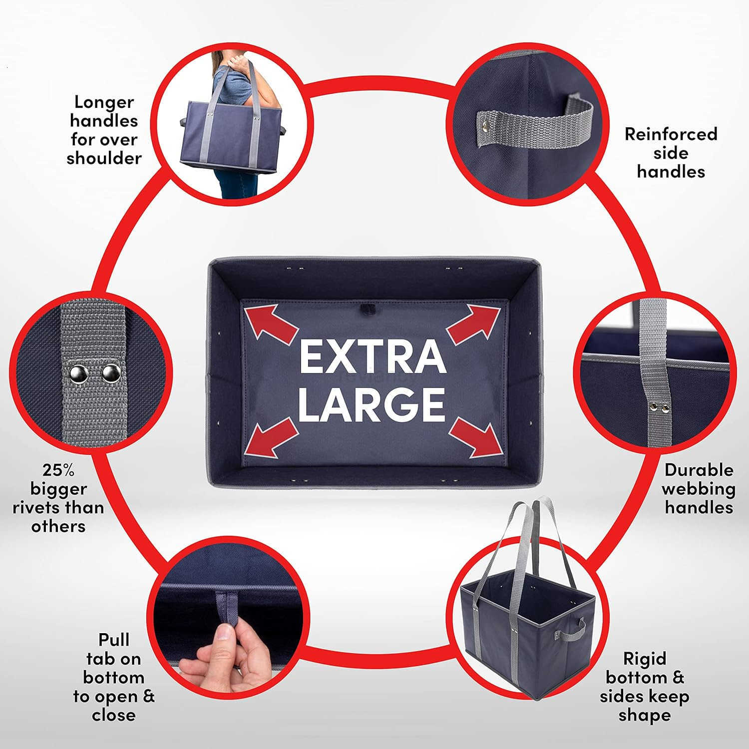 4pk Reusable Grocery Bags Shopping Bags Tote Box Large Heavy Duty Groceries Bag Handles Foldable Reinforced Bottom Navy BlueGrayW250904