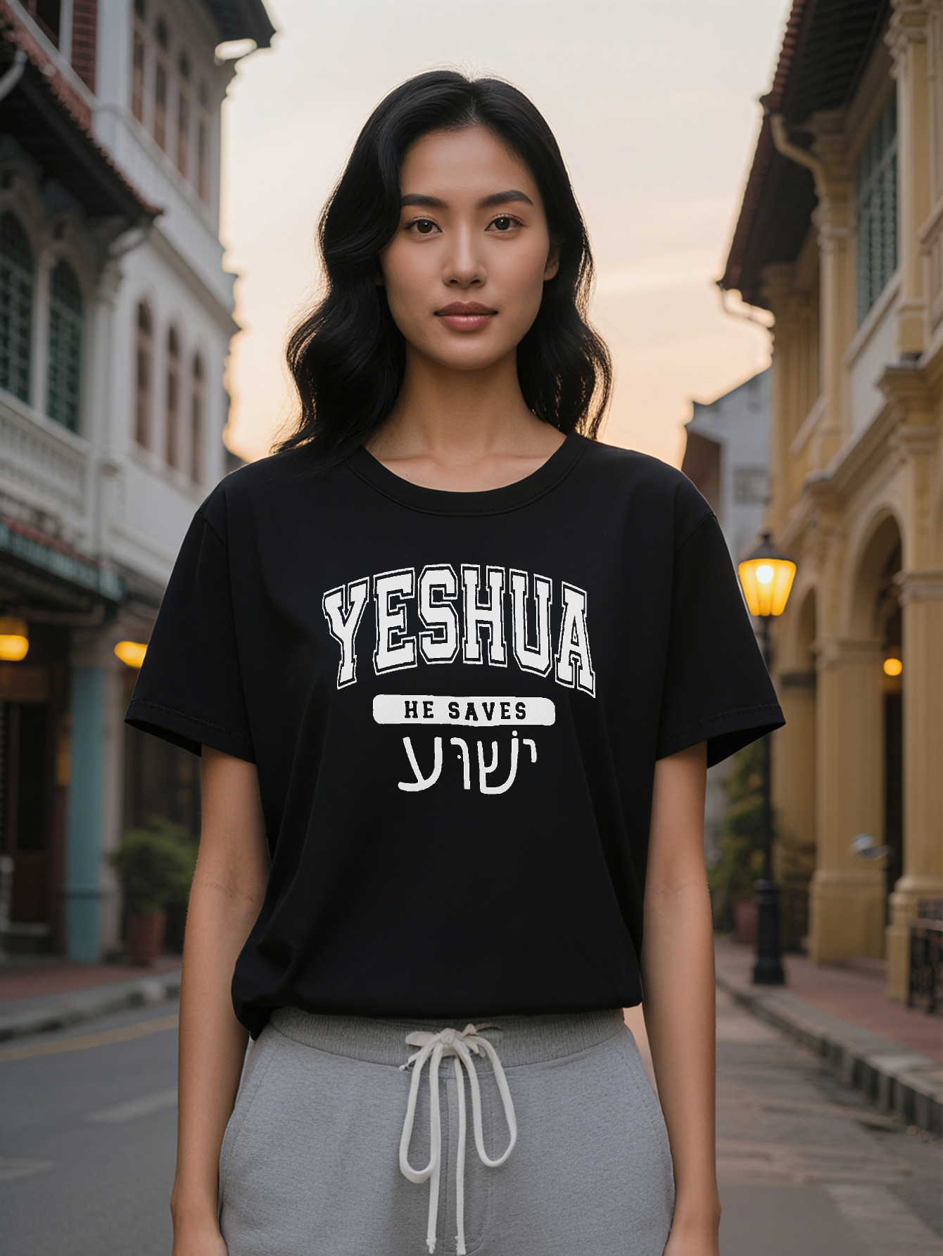 Large XL Lady Yeshua The Saves Hebrew Christian Graphic T Shirt Black Round Neck Short Sleeve Tee White Scripture Design Plus Size