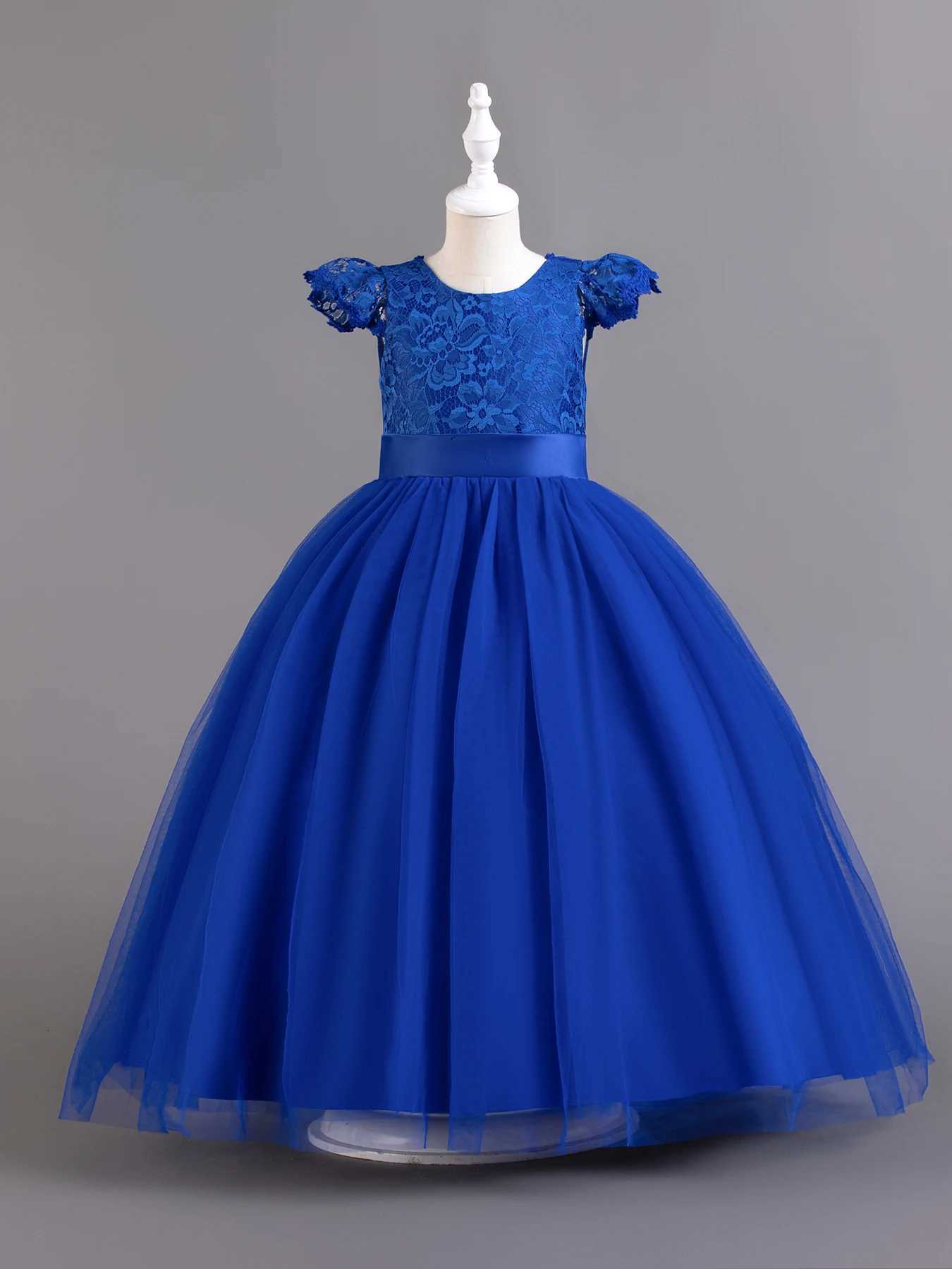 Blue colored lace child princess dress little girl runway piano performance dress with flower boy big bow long dress Z250904