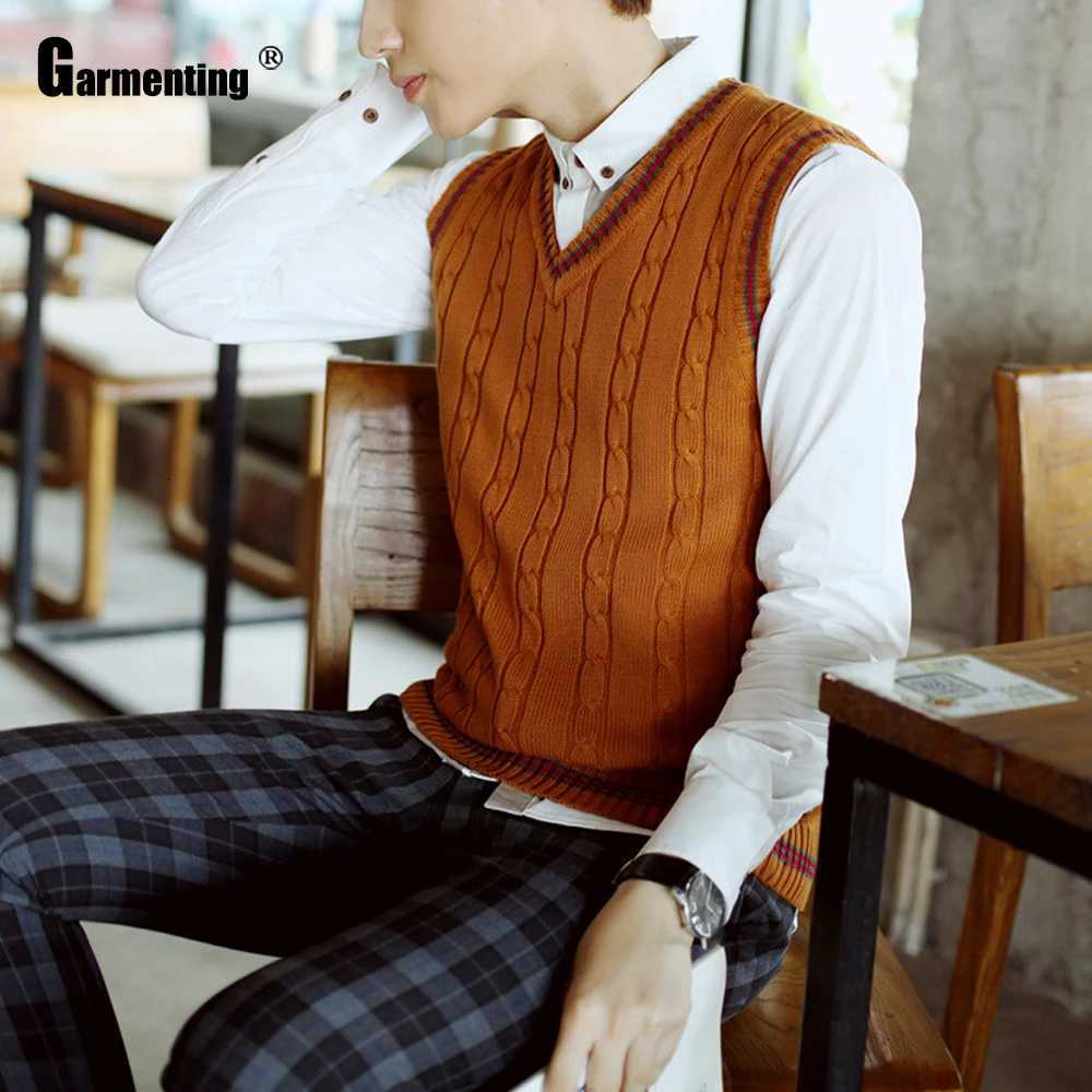 Mens Autumn Winter Sweater Vneck Knitwear Vest Smart Kpop Student Pullovers Sleeveless Slim Knitted Sweater Male Clothing 2020XJ250904