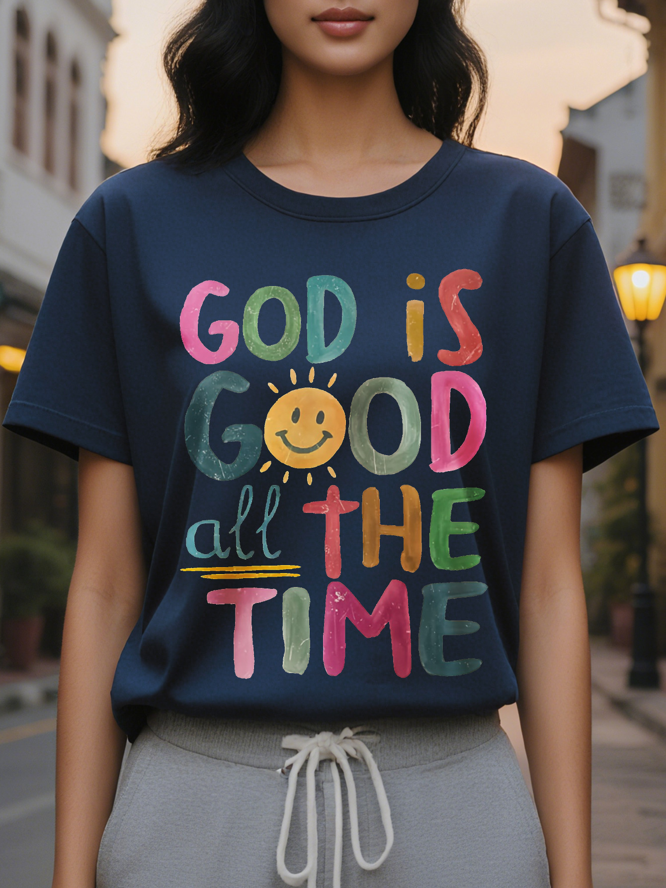 Large XL Women's Beige Inspirational God is Good All The Time Christian Sweatshirt Soft Round Neck Casual Pullover with Plus Size