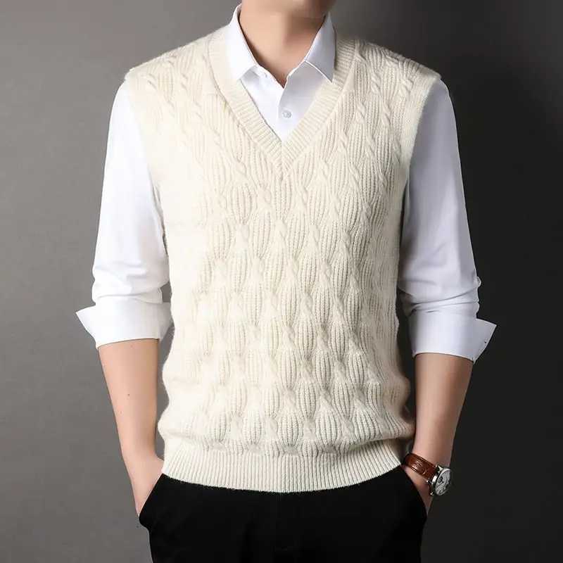 Autumn Winter Men Vintage Business Casual All Match Thick Knitted Sweater Vest Solid V Neck Sleeveless Loose Pullover WaistcoatsXJ250904