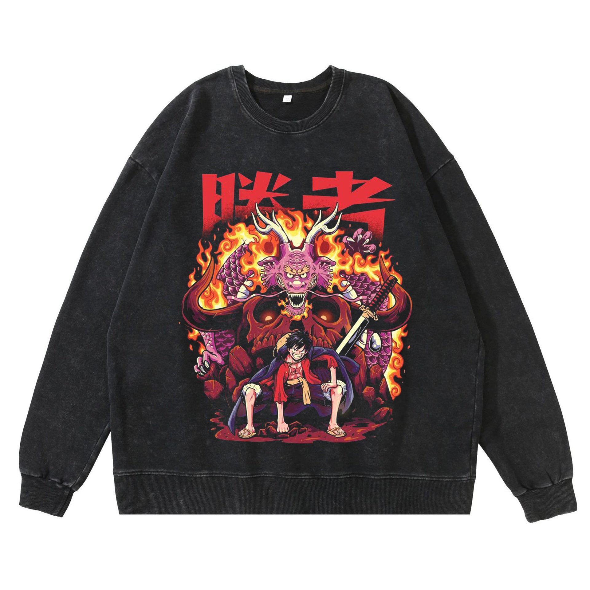 360gsm Heavyweight Washed Vintage Luffy Gear Fifth Nika Graphic Crewneck Sweatshirt Retro Streetwear Cotton Hoodie - TT8106