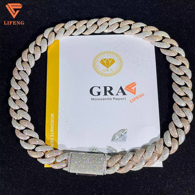 Lifeng Jewelry 18mm TwoTone Cuban Link Chain VVS Moissanite Bubble Hiphop Pass Diamond Tester Sterling Silver Cuban Necklace