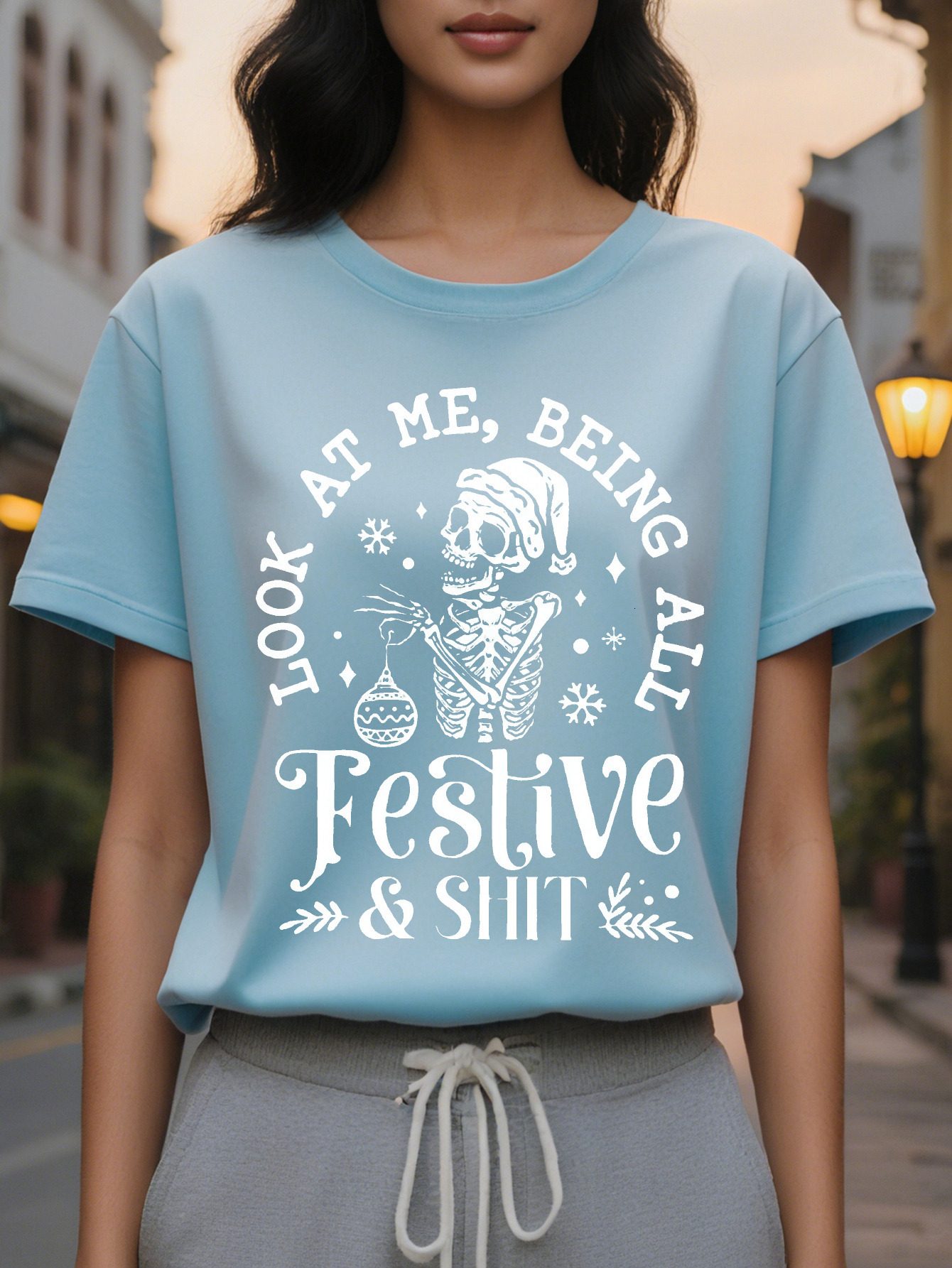 Women s Graphic T Shirt Look at Me Being All Shit Slogan with Skeleton Santa Vibrant Green Casual Round Neck