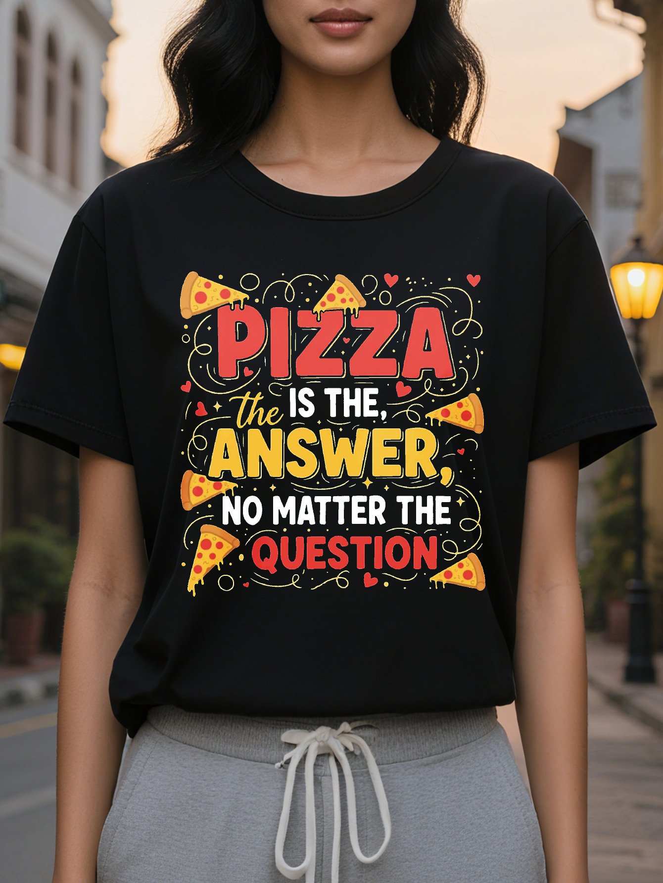 Women's Funny Lover Pattern is the Answer Bold Red and Yellow Letters Soft Everyday Casual T-Shirt Pizza