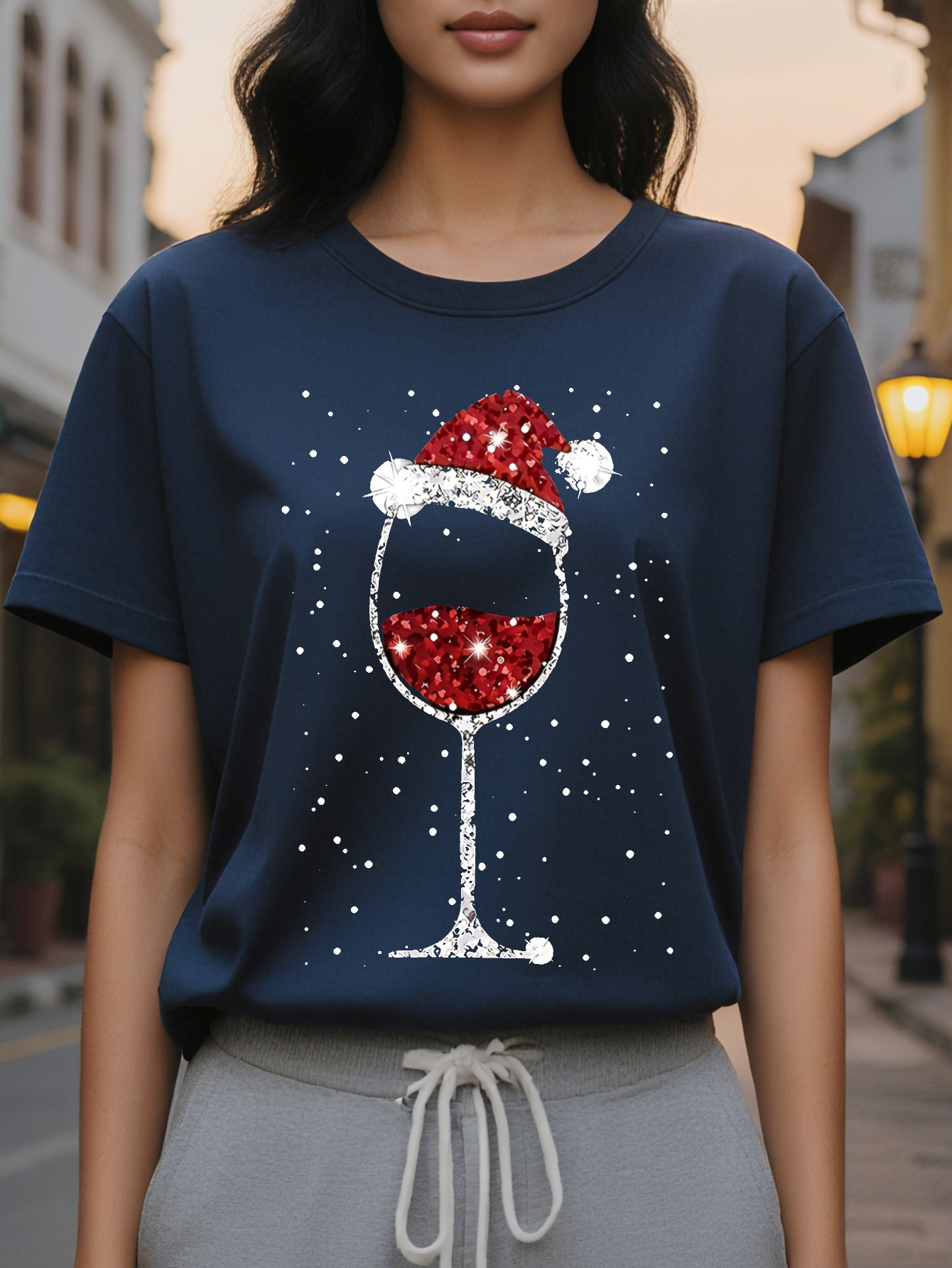 Large XL Christmas Wine Glass Santa Hat Pattern Print Round Neck T-Shirt Spring and Autumn Casual Tops Women's Clothing Plus Size
