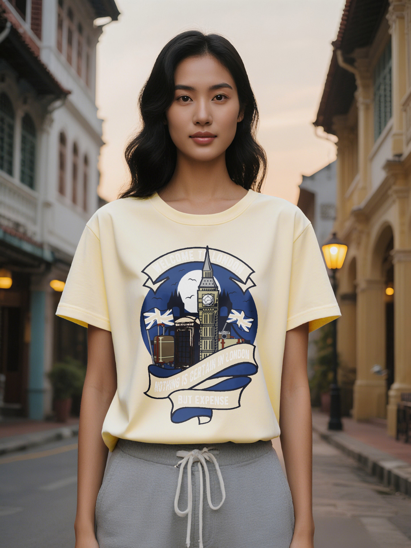 Lady Casual Crew Neck T-Shirt with Big Ben Skyline Print Welcome to London Graphic Tee Summer Wear Regular Fit