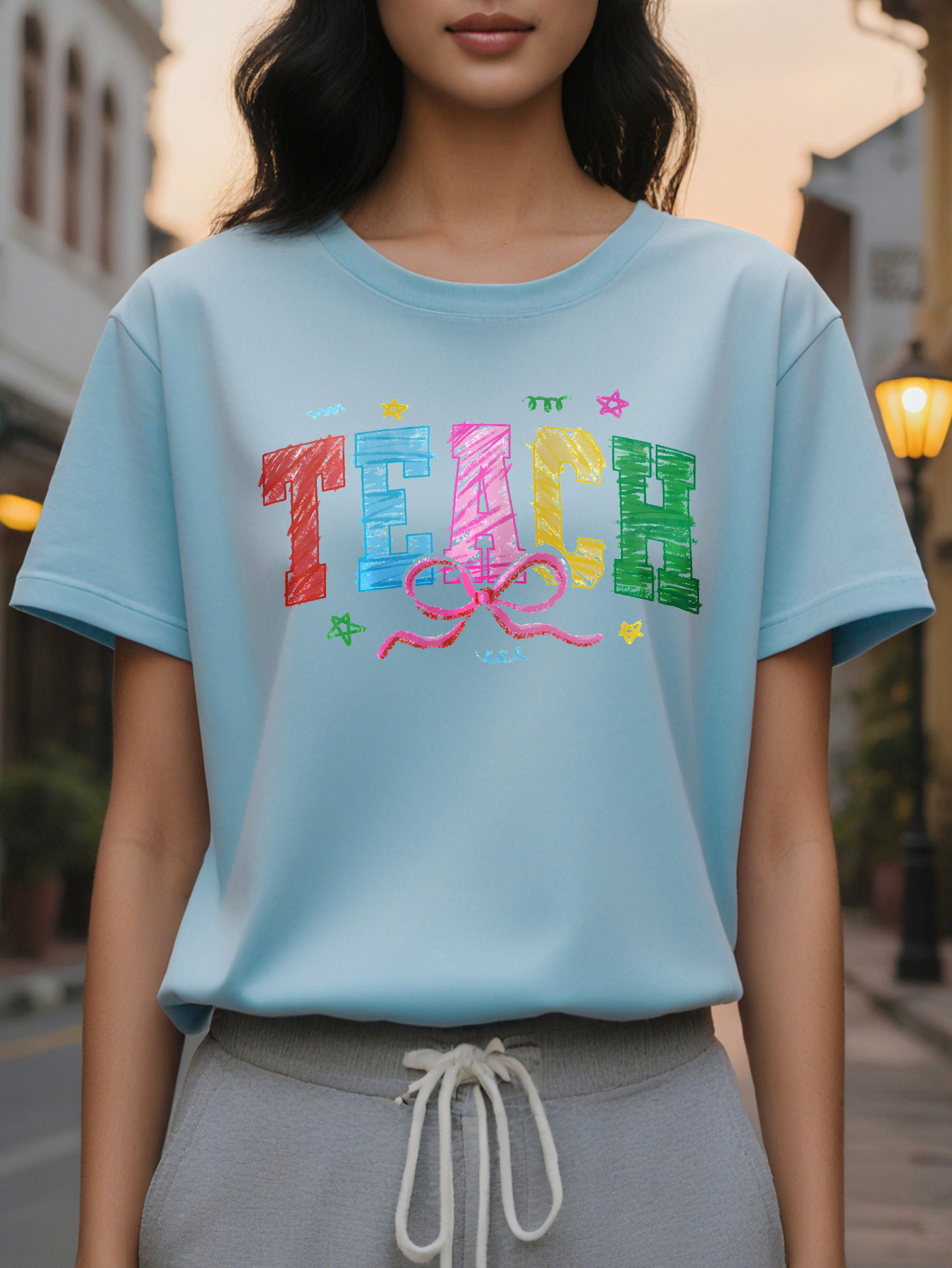 Women s Elegant Short Sleeve Round Neck Cotton Dress, Casual Top with Alphabet Pattern for Summer and Spring