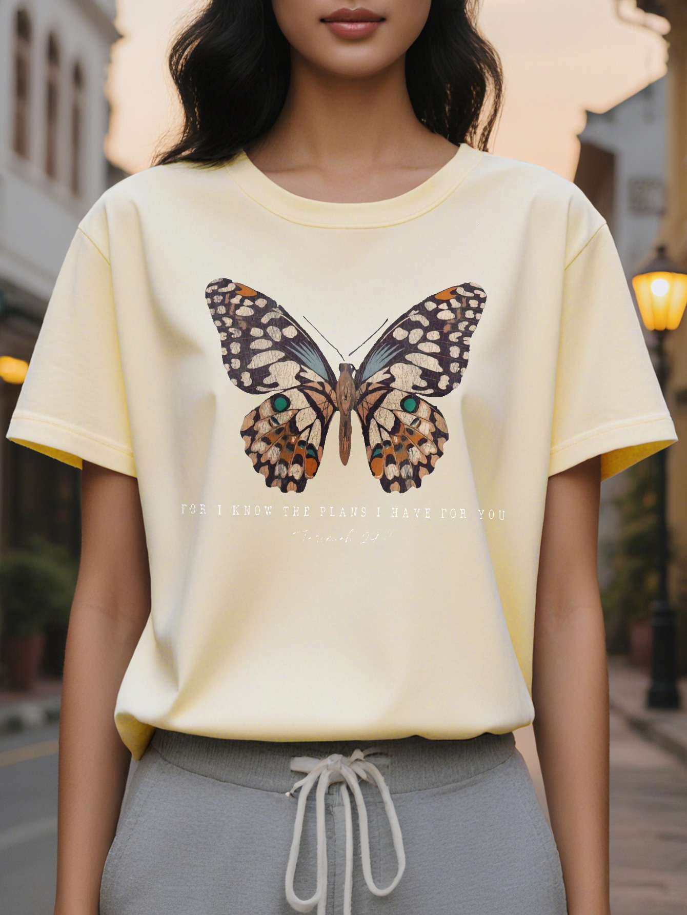 Vibrant Women's Casual Crew Neck T-Shirt Inspirational Butterfly Graphic Uplifting Scripture Verse Soft