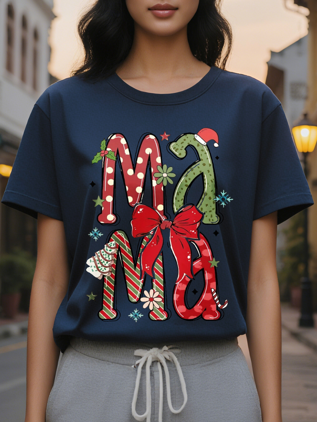 Large XL Cotton Knit All Season Women's Christmas Festive Print Casual Round Neck T-Shirt Regular Length Plus Size