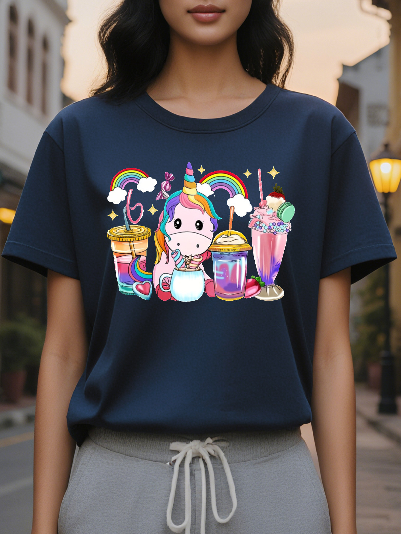 Large XL Vibrant Rainbow Unicorn Graphic Tee Soft Mid Elasticity Cotton Crew Neck Short Sleeve Top Women Perfect for Summer and Plus Size