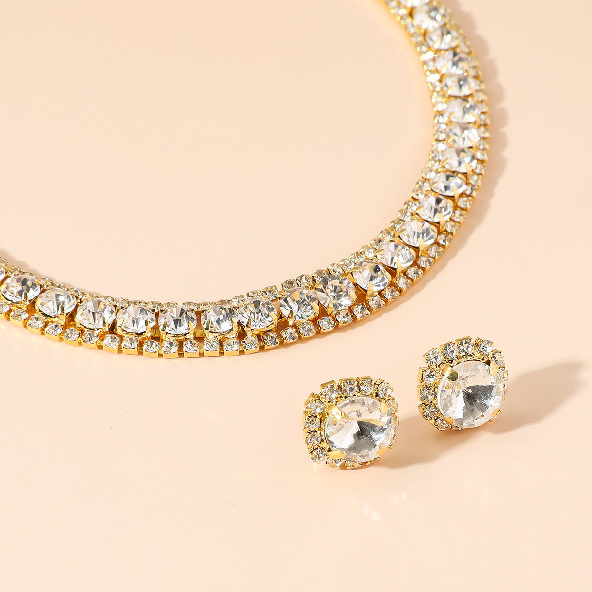 Luxury Necklace Earrings Sets Green Crystal Necklace Women Weddings Bride Jewelry Accessories Pop green blue diamond necklace earring 2 piece set Desi