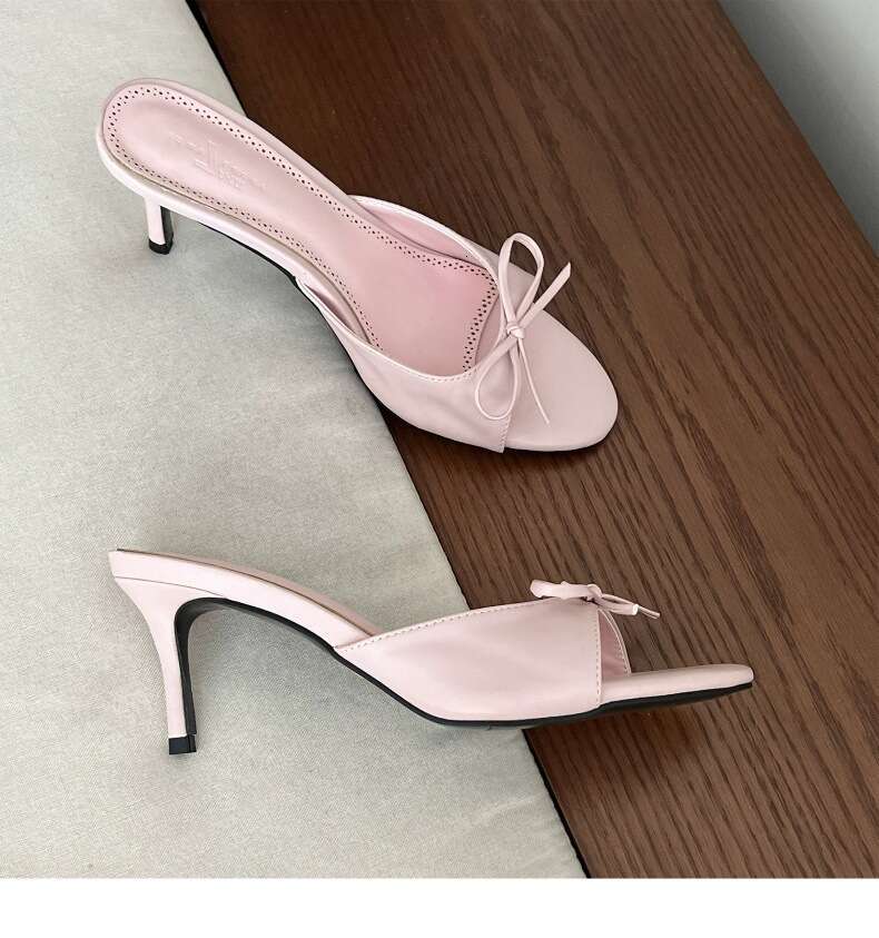 Designer Shoe Gentle French Style Pink Bowknot One-Strap Sandals for Women Summer Thin Heel High Heels