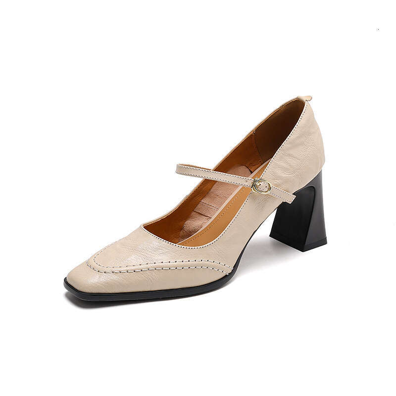 French Mary Jane Shoes for Designer Shoe Women, Squ Toe, One Strap, Burgundy Thick Heel, White Commuter High Heels