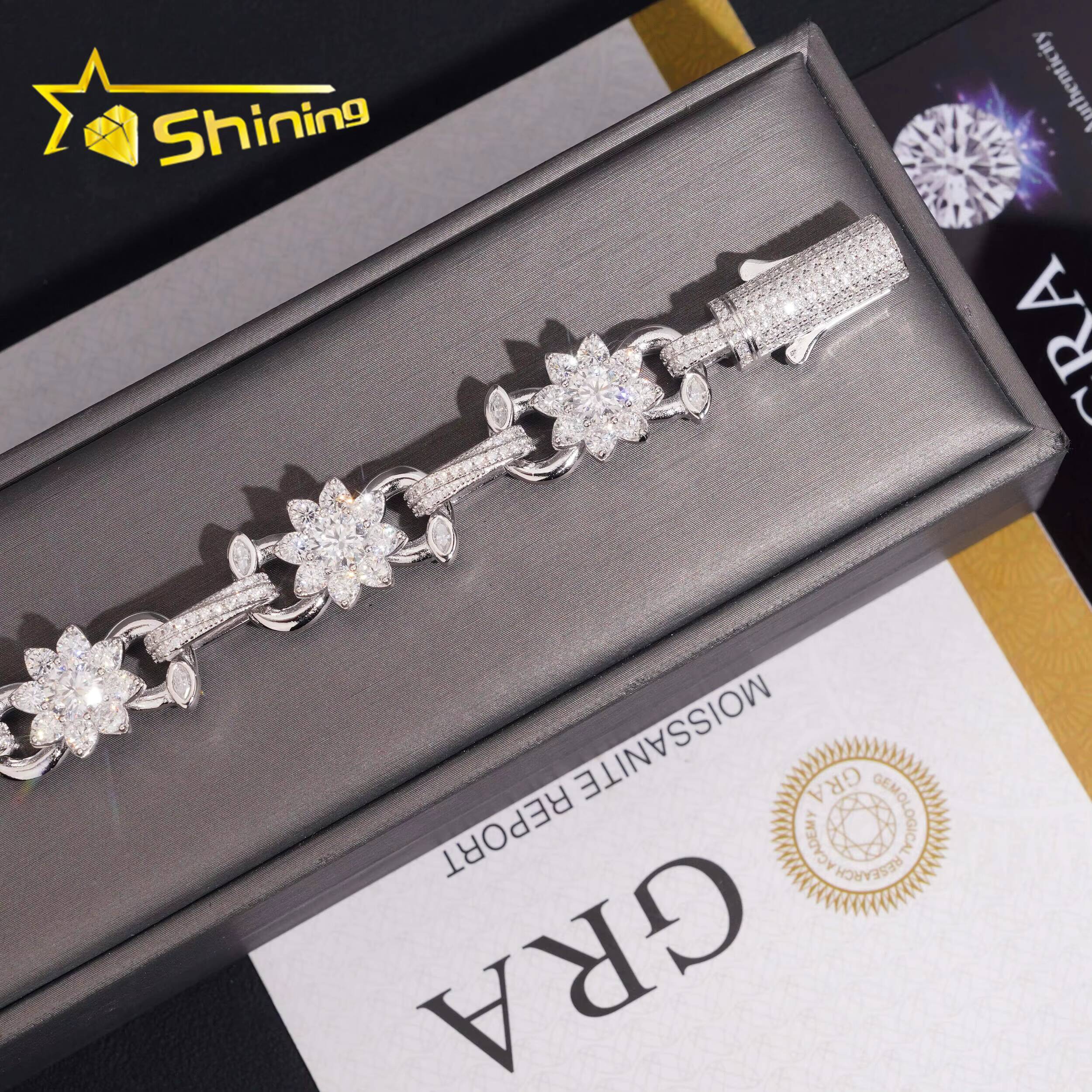 925 Silver Iced Out 13mm Flower Moissanite Cuban Link Bracelet Hip Hop Jewelry Custom High Quality Cuban Bracelet for Men Women