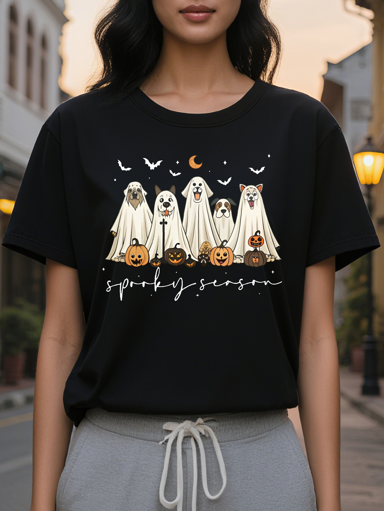 Women s Halloween Dog Print Sweatshirt Dark Green Cozy Round Neck Pullover with Spooky Season Lettering Fall Outfit
