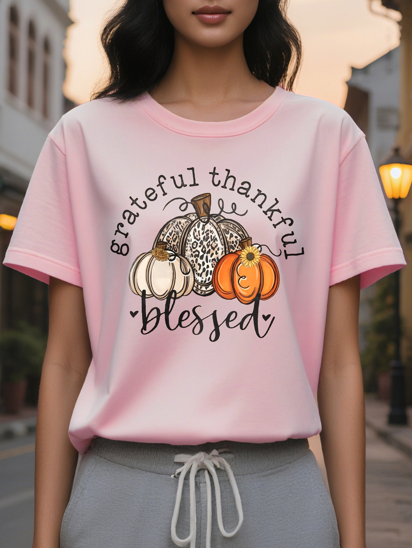 Large XL Women S Autumn Graphic T-Shirt Grateful Blessed Message with Pumpkins Round Neck Tee for Fall Spring Washable Plus Size