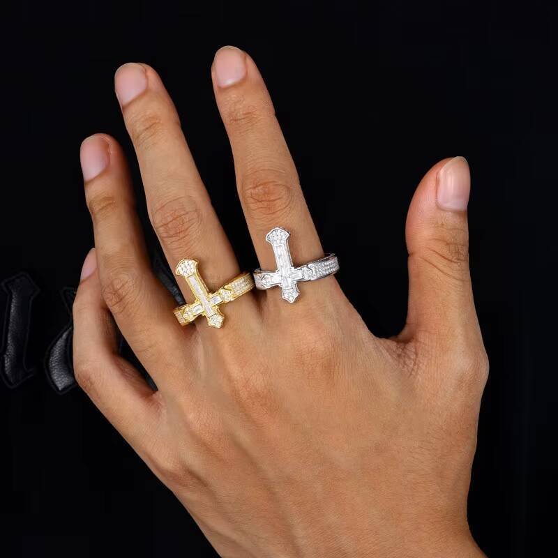 Hot Selling S925 Silver Moissanite Cross Shape Ring Super Flash t Square Diamond Ring for Men Hip Hop Style