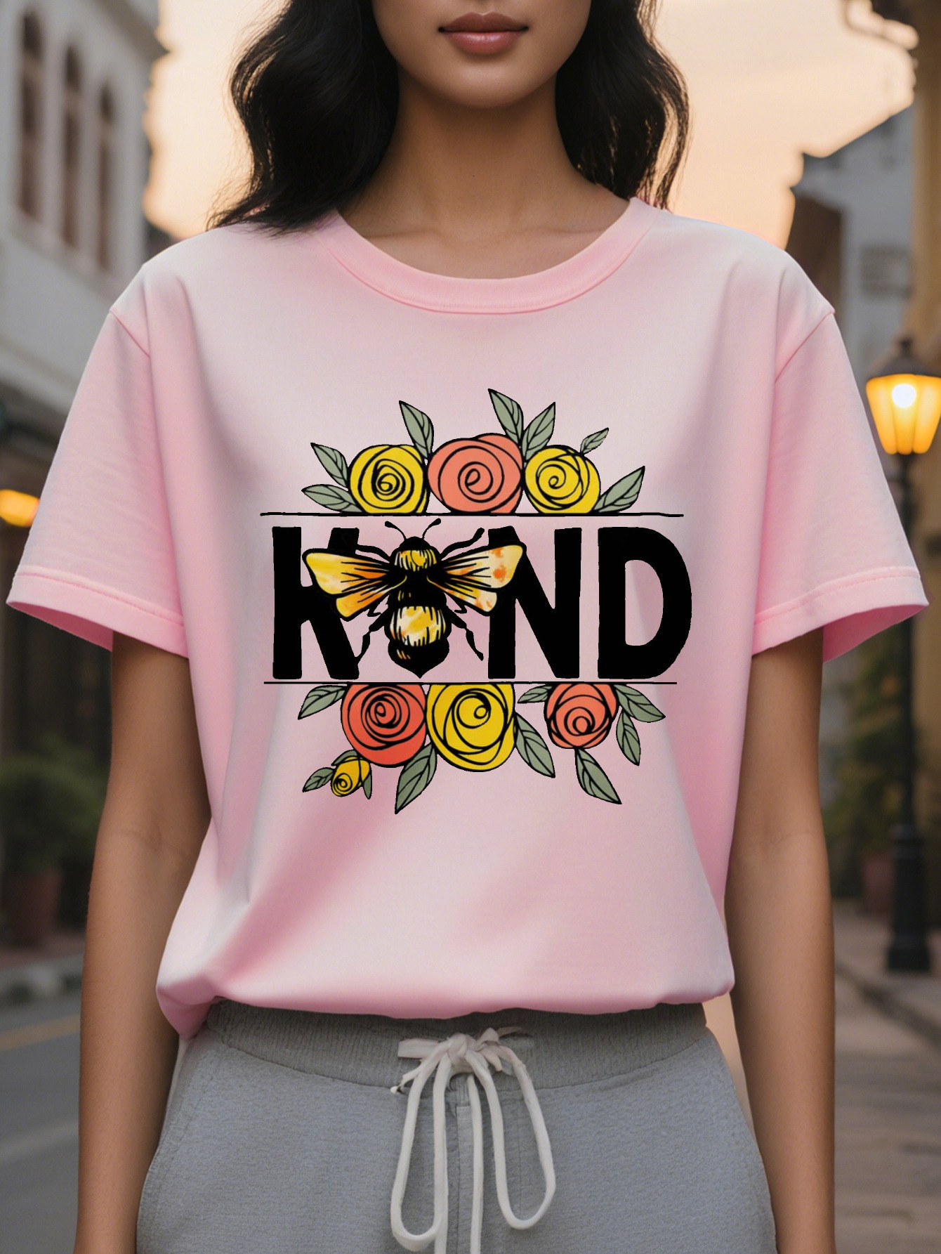 Women's Be Kind T-shirt elegant round neck sleeve top with colorful bee flower rose design soft cotton