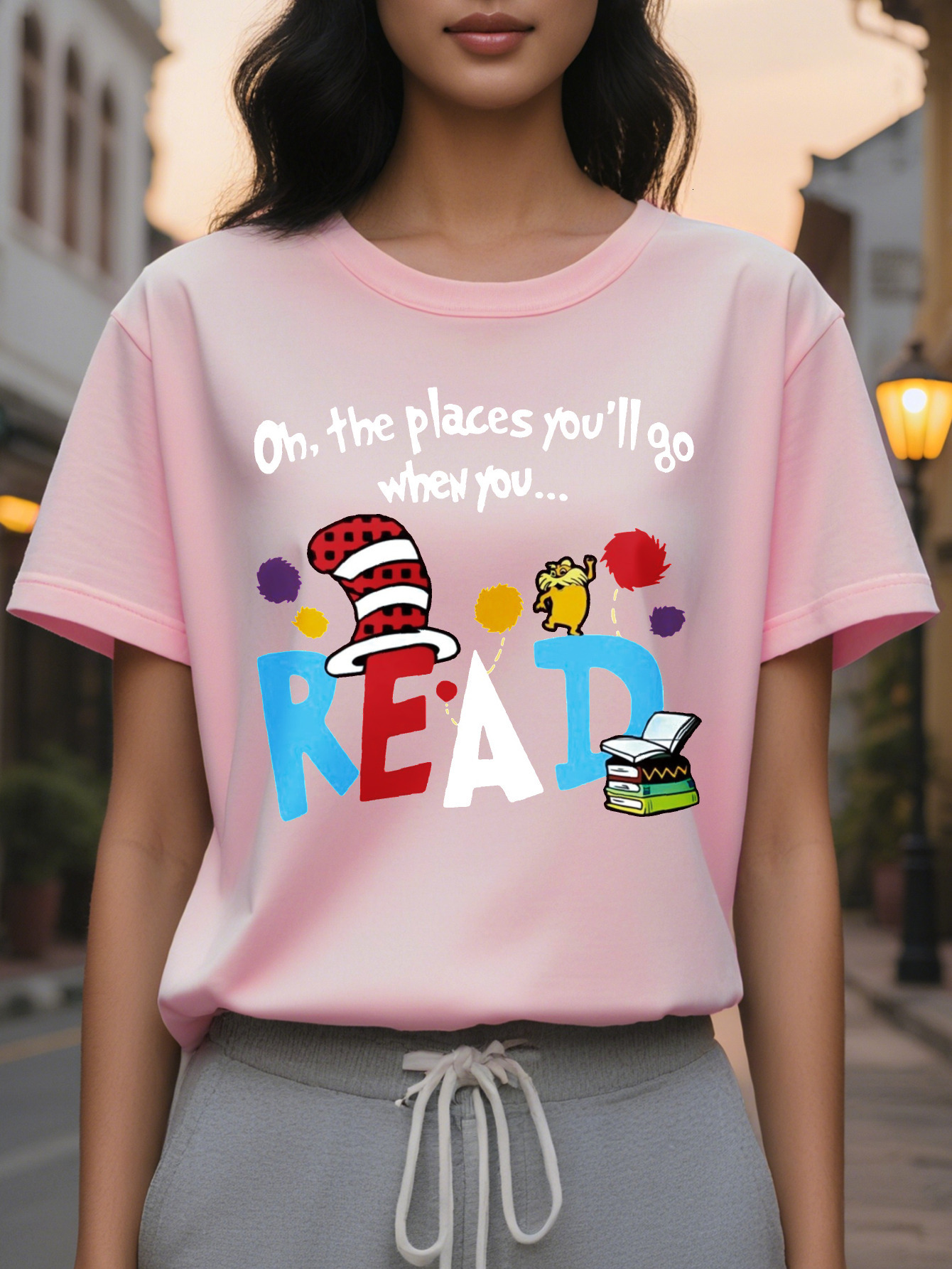 Large XL Women's Casual Short Sleeve T-Shirt Vibrant Orange Cartoon Letter Print with Book Cat On the Places You'll Go Graphic Plus Size