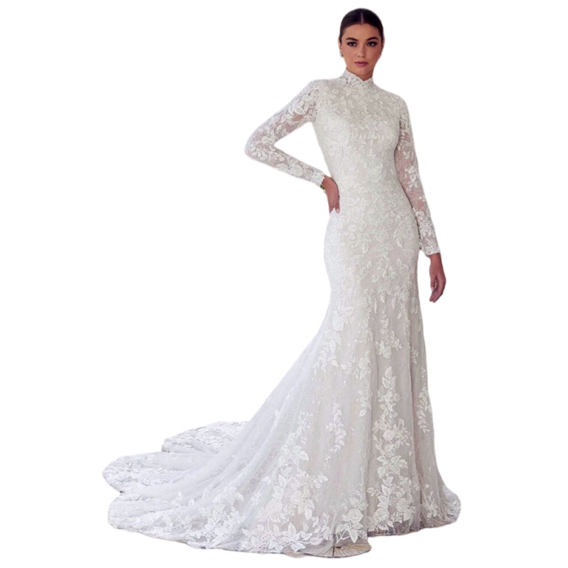 Long Sleeve Lace Mermaid Wedding Dresses High Collar Modest Bridal Gowns Appliques Ivory Elegant Bride Dress Back Buttons