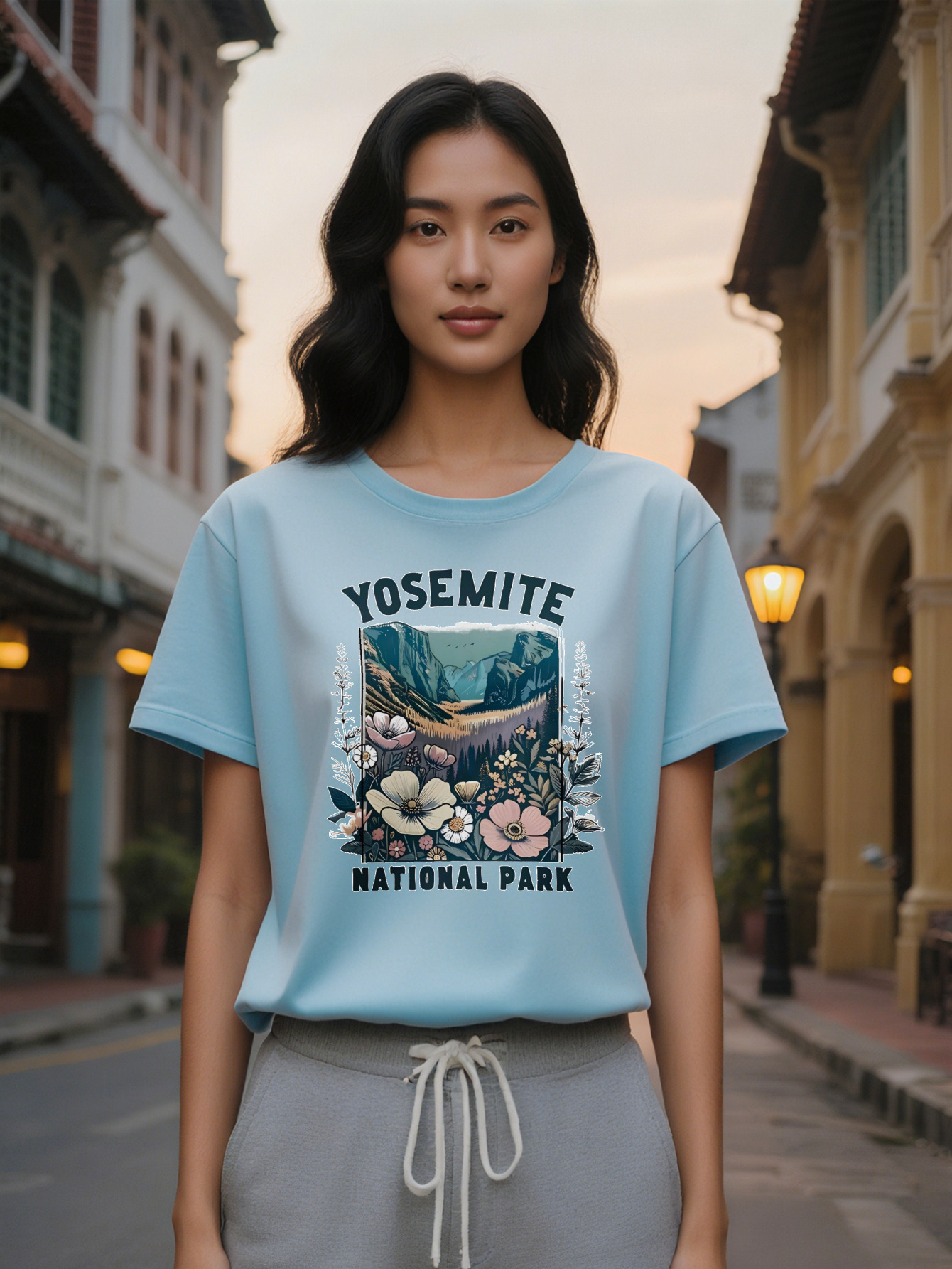 Large XL Lady Yosemite National Park Graphic T Shirt Black Casual Short Sleeve Round Neck Tee with Mountain River Landscape Plus Size