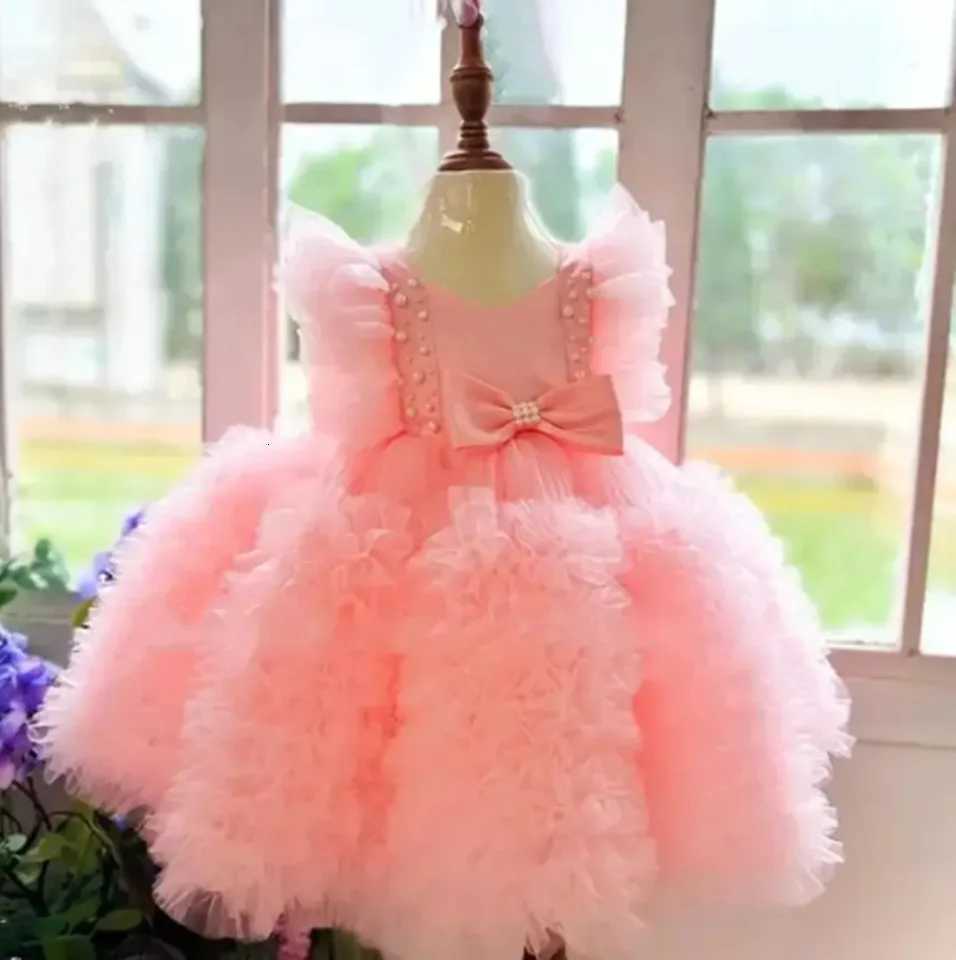 Customized Pink Flower Girl Dresses for Wedding Tiered Square Collar Pearls with Bow Kids Birthday Party First Communion Gown Z250904