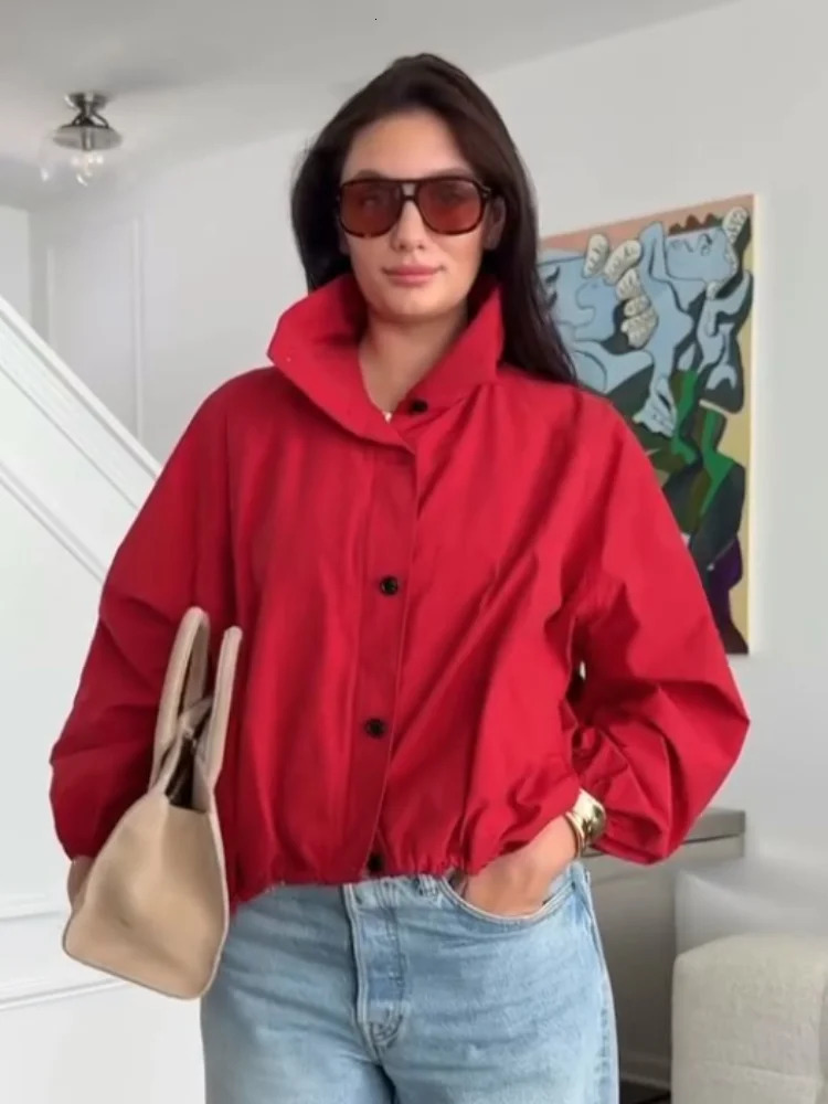 Chic Red Long Sleeve Women Bomber Jacket Autumn Turn Down Collar Zipper Coat Y2K Lady Single Breasted Outerwear Street 250903
