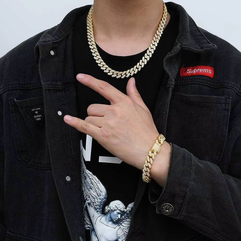 NUOYA 12mm Silver Cuban Link Chain for Women Micro Pave Bling Single Row Moissanite Cuban Link Chain Hip Hop Necklace Jewelry Gift