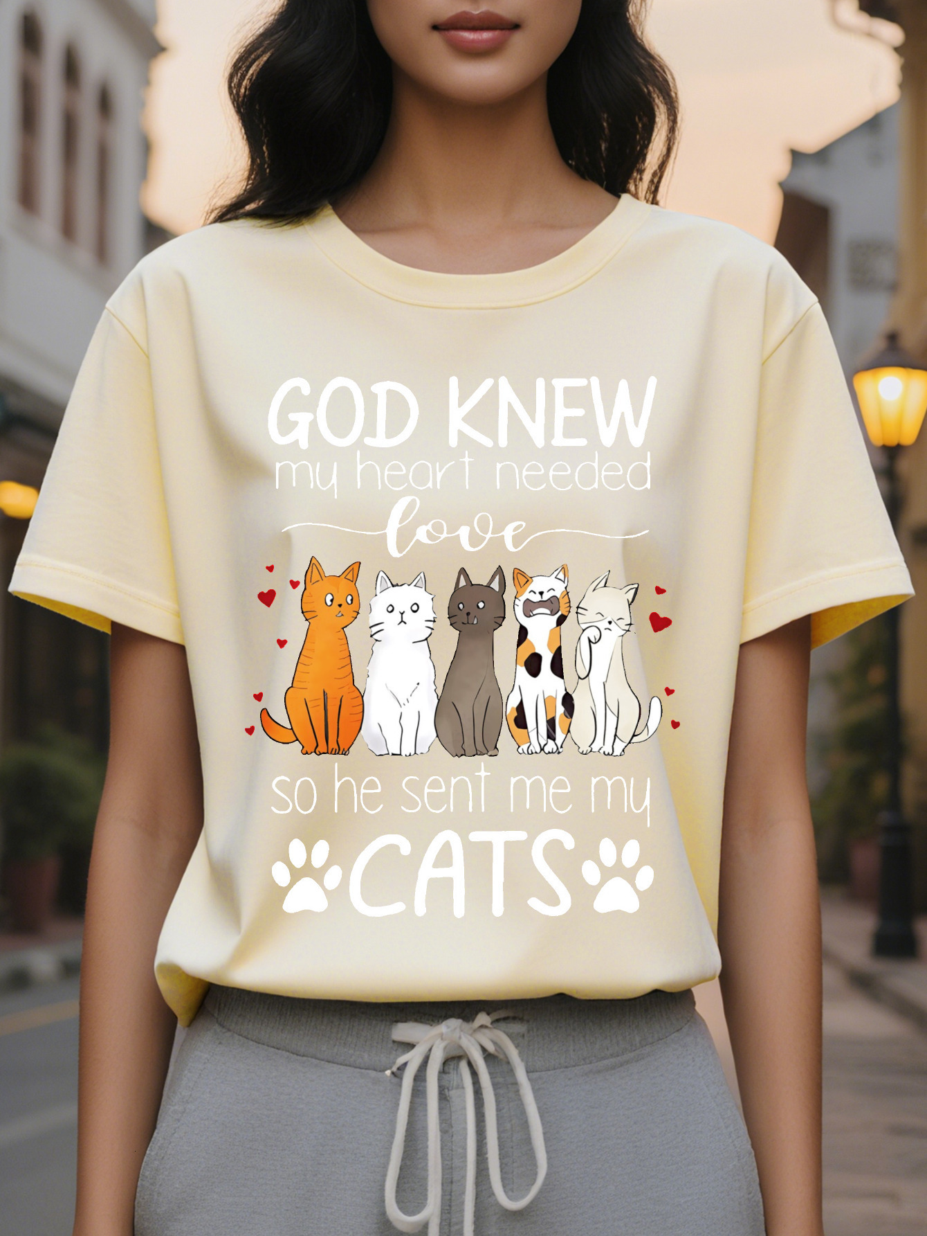 Large XL Tee Women's Casual Lover Graphic T-Shirt God Knew My Heart Needed Love Quote with Cartoon Cats Paw Prints Heather Plus Size