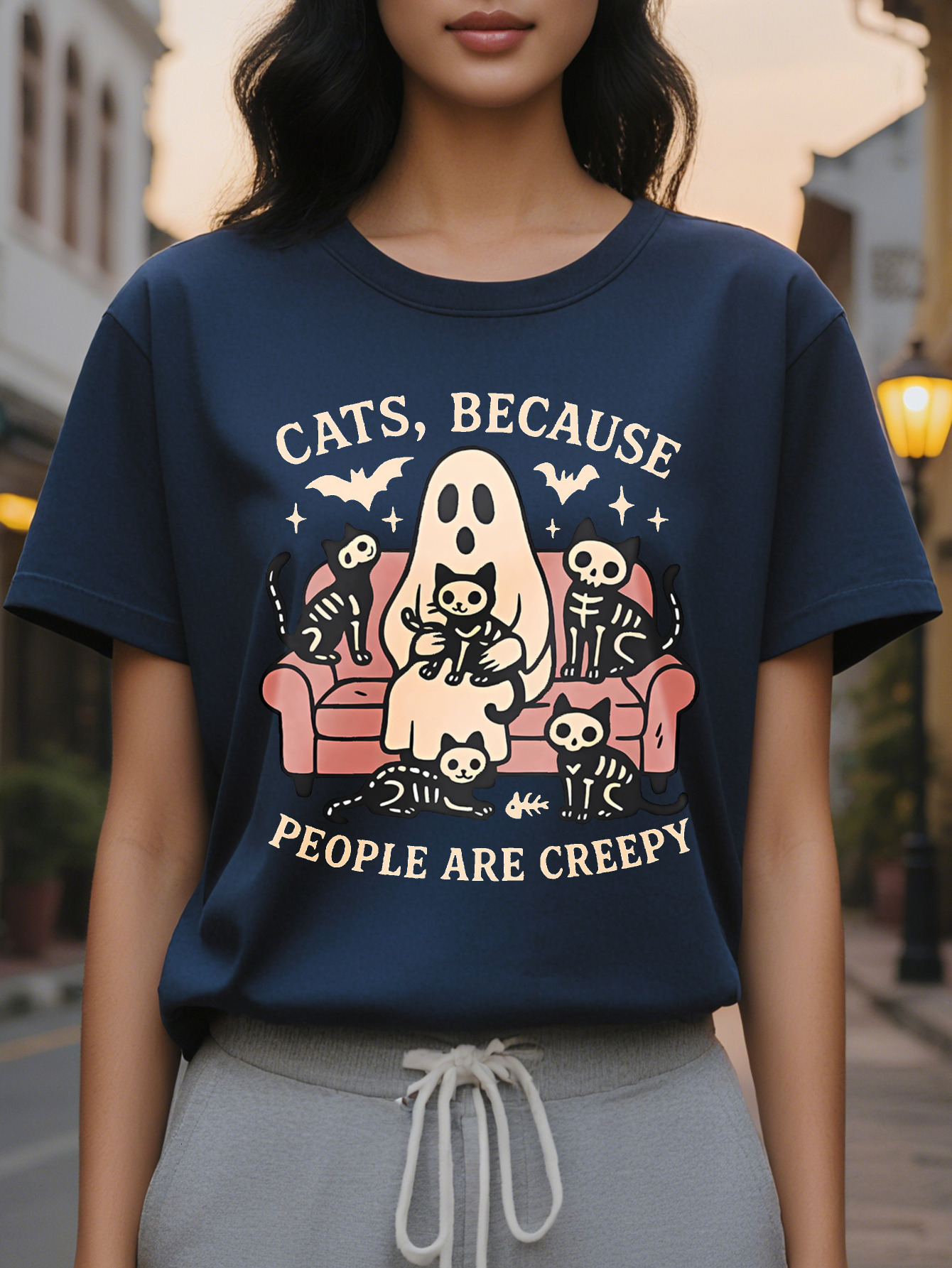 Women's Gothic Printed Sleeve T-shirt Funny Slogan Keep Cats Because Humans Are Too Scary Gray with Pink Black