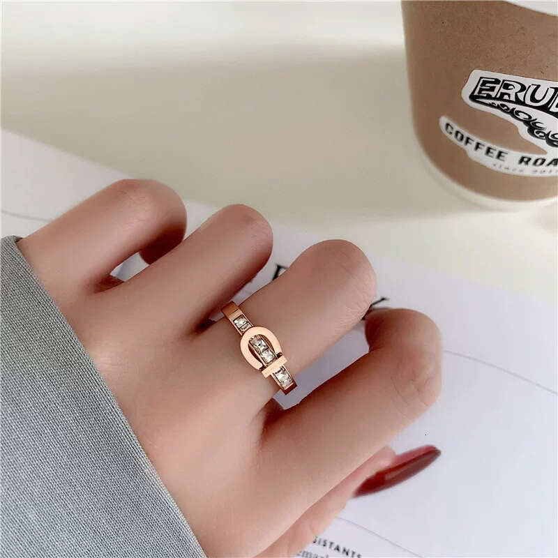 Fashion Square Diamond Belt Buckle Titanium Steel for Women High-end Simple Index Finger Ring Light Luxury Versatile Trendy Accessory