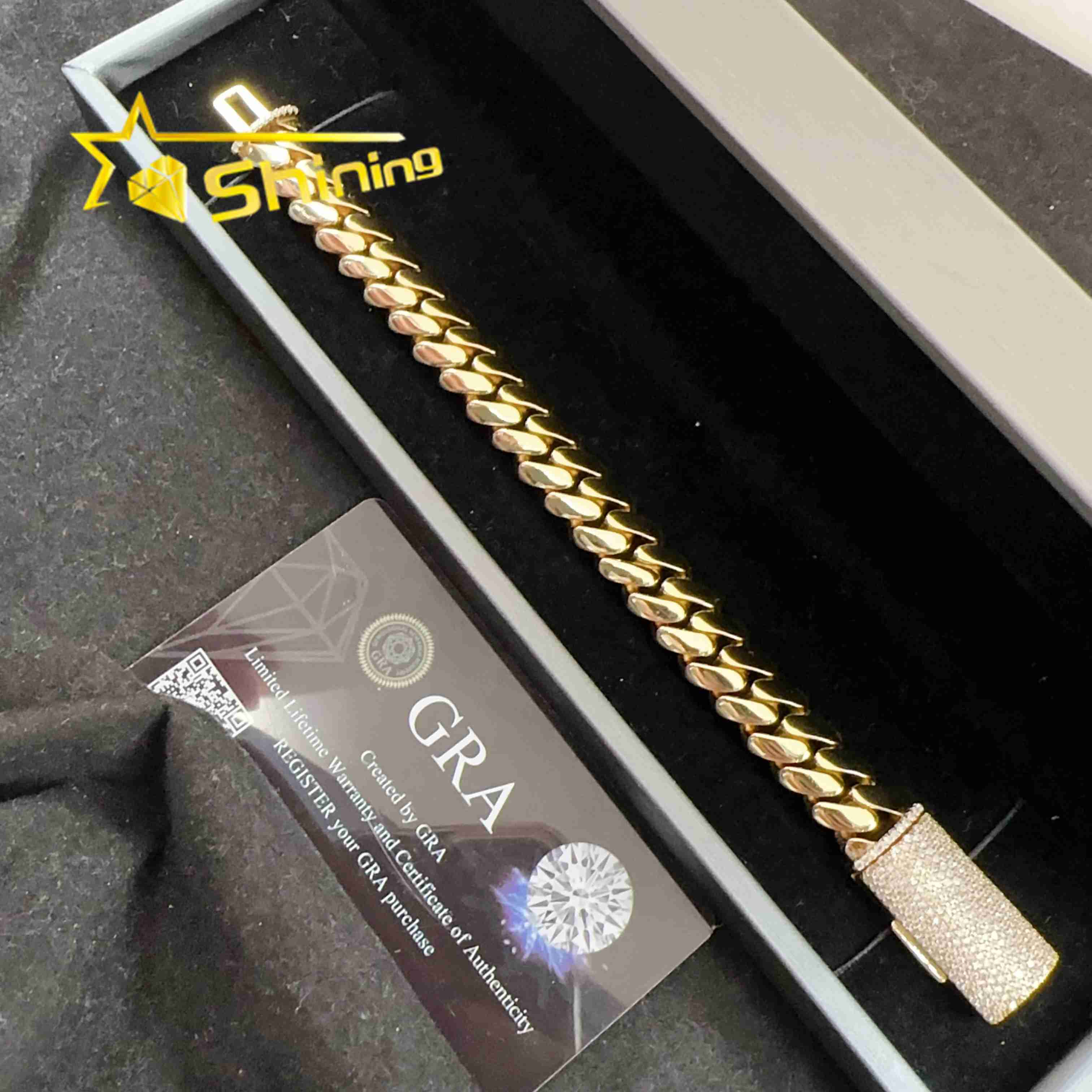 925 Sterling Silver Cuban 12mm Iced Out VVS Moissanite Clasp Hip Hop Jewelry Plain Cuban Bracelet