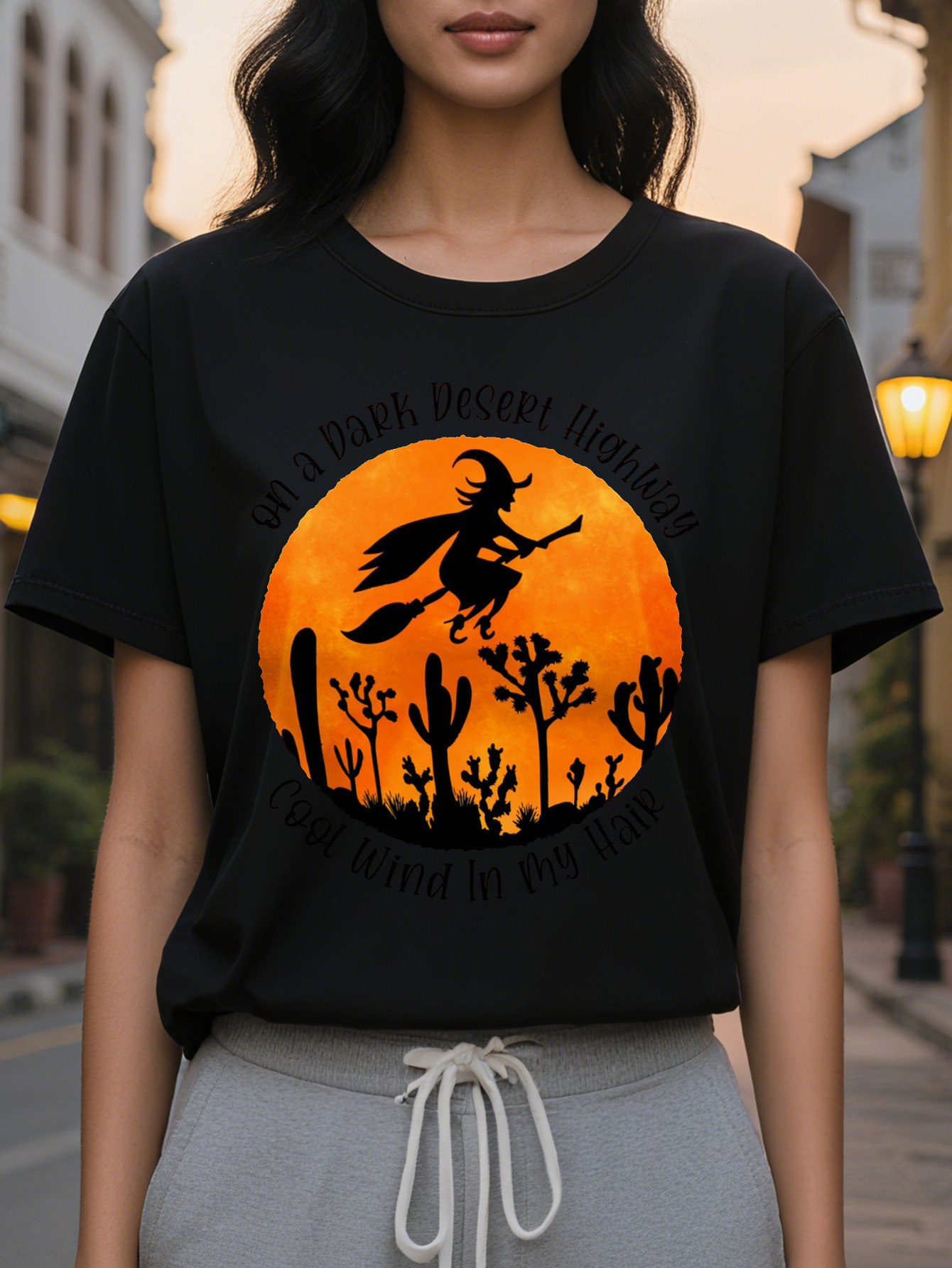 Women's Halloween T-Shirt Olive Green with Flying Witch Cactus Moon Design Lightweight Stretchy Costume Party