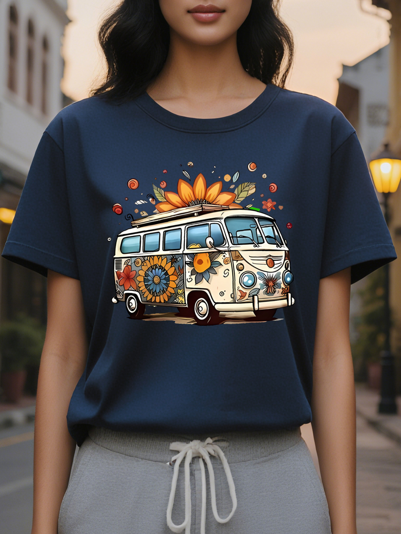 Large XL Women's Hippie Retro Bus Graphic T-Shirt Vintage Floral Peace Sign Print Soft Beige Crew Neck Short Sleeve Top Plus Size