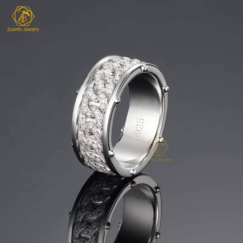 18K Plated White Gold Ring Hip Hop Style Iced Out Full Diamond Tennis Chain Men Ring Lab Grown Moissanite Rings Band for Men