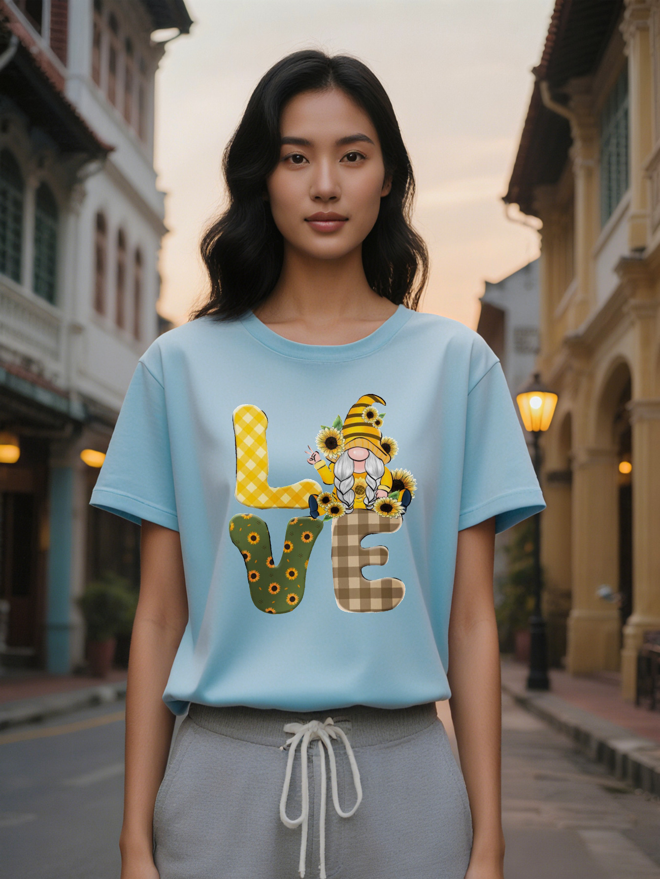 Lady Casual Crew Neck T-Shirt with LOVE Print Gnome Graphic Black Soft Blend Summer Style Perfect for Spring and Fall